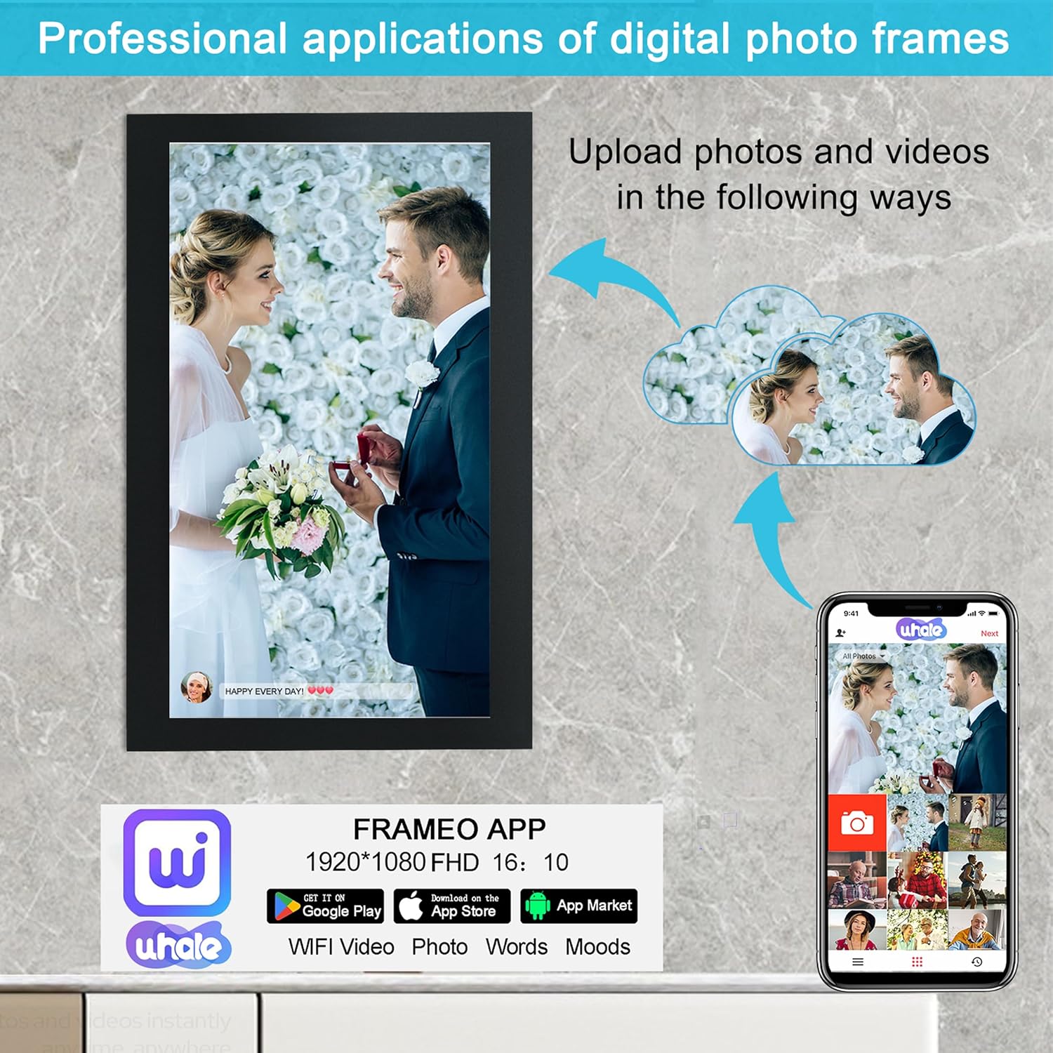 15.6'' Extra Large Digital Picture Frame WiFi Smart Digital Photo Frame 1920 * 1080 FHD Touchscreen 32GB Storage Space,Digital Using App Remotely Send Photos and Videos