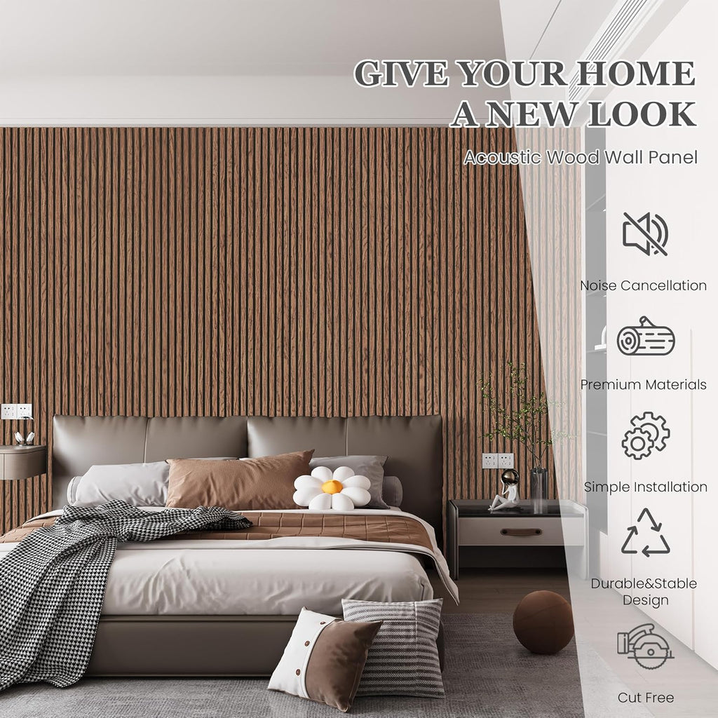 Wood Salt Acoustic Wall Panels, 4 Piece 94" x 12.6" x 0.8" Soundproof Wooden Wall Panels, 3D Fluted Sound Absorbing Panel, Red Oak