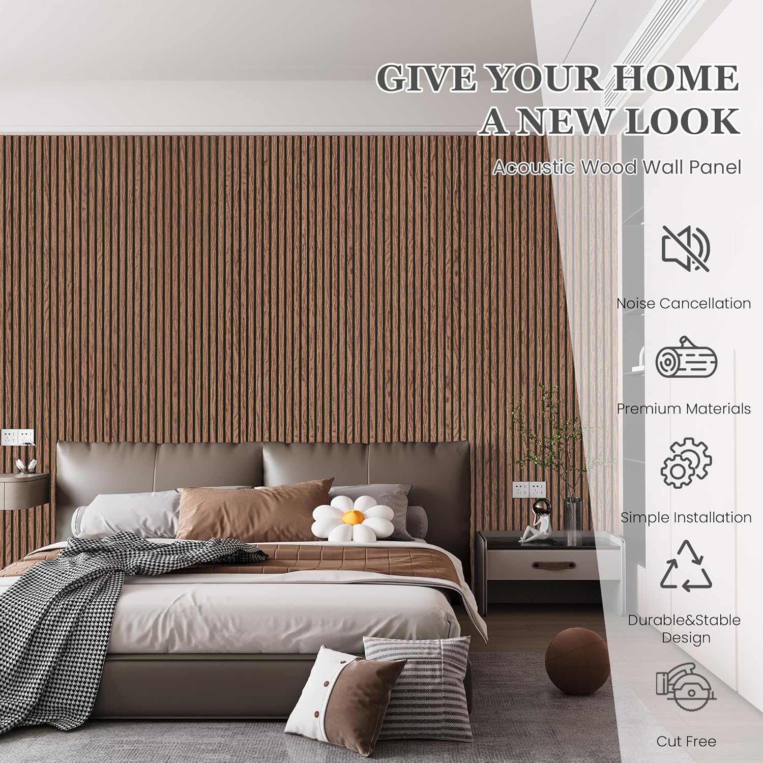 Wood Salt Acoustic Wall Panels, 4 Piece 94" x 12.6" x 0.8" Soundproof Wooden Wall Panels, 3D Fluted Sound Absorbing Panel, Red Oak