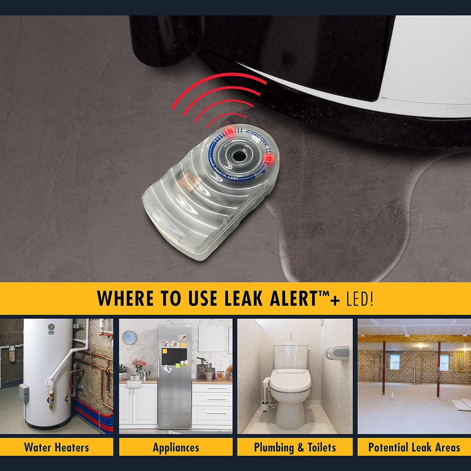 Zircon Leak Alert + LED! Water Leak Detector & Flood Sensor Alarm/Water Leak Sensor with Dual Leak Alarms 90dB Audio + Flashing LED lights/Battery Powered (5 Pack) Batteries Not Included, (72313)