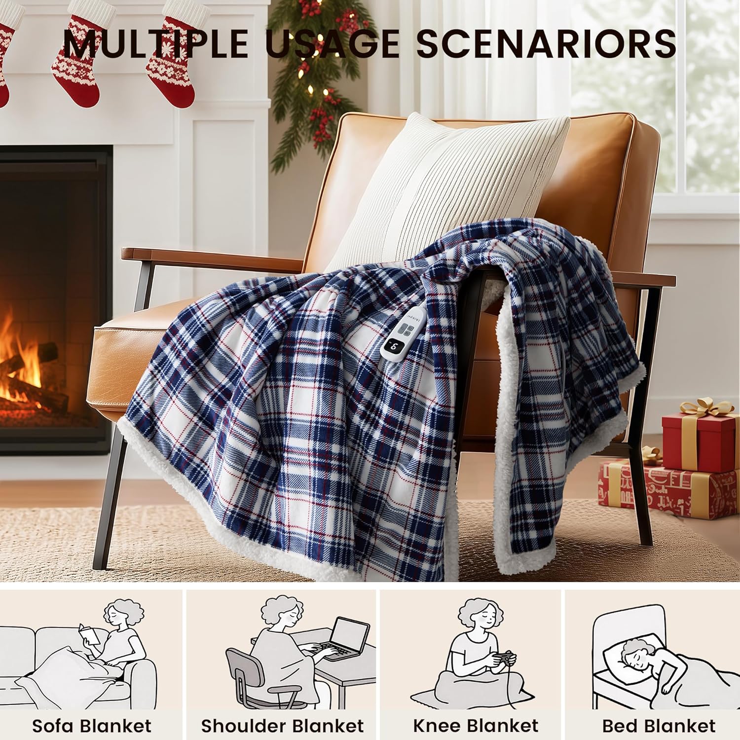Christmas Heated Blanket Electric Throw-50''x60''Ultra Soft Cozy Plaid Flannel Fast Heating Electric Blanket with 10 Heat Levels & 10 Hours Auto Off, ETL Certified, Keep Warm in Home Office