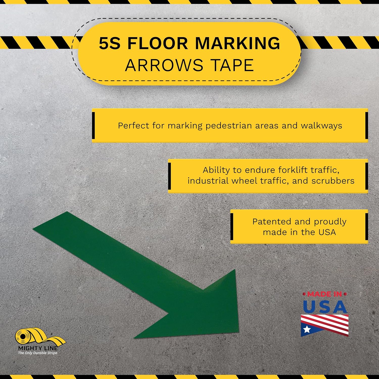 Mighty Line Solid Arrows Directional Sticker Sign Floor Marking Tape for Safety, Caution, Warning, Heavy-Duty, Peel and Stick, Adhesive, Industrial Quality, Green, 10" by 6", Pack of 50