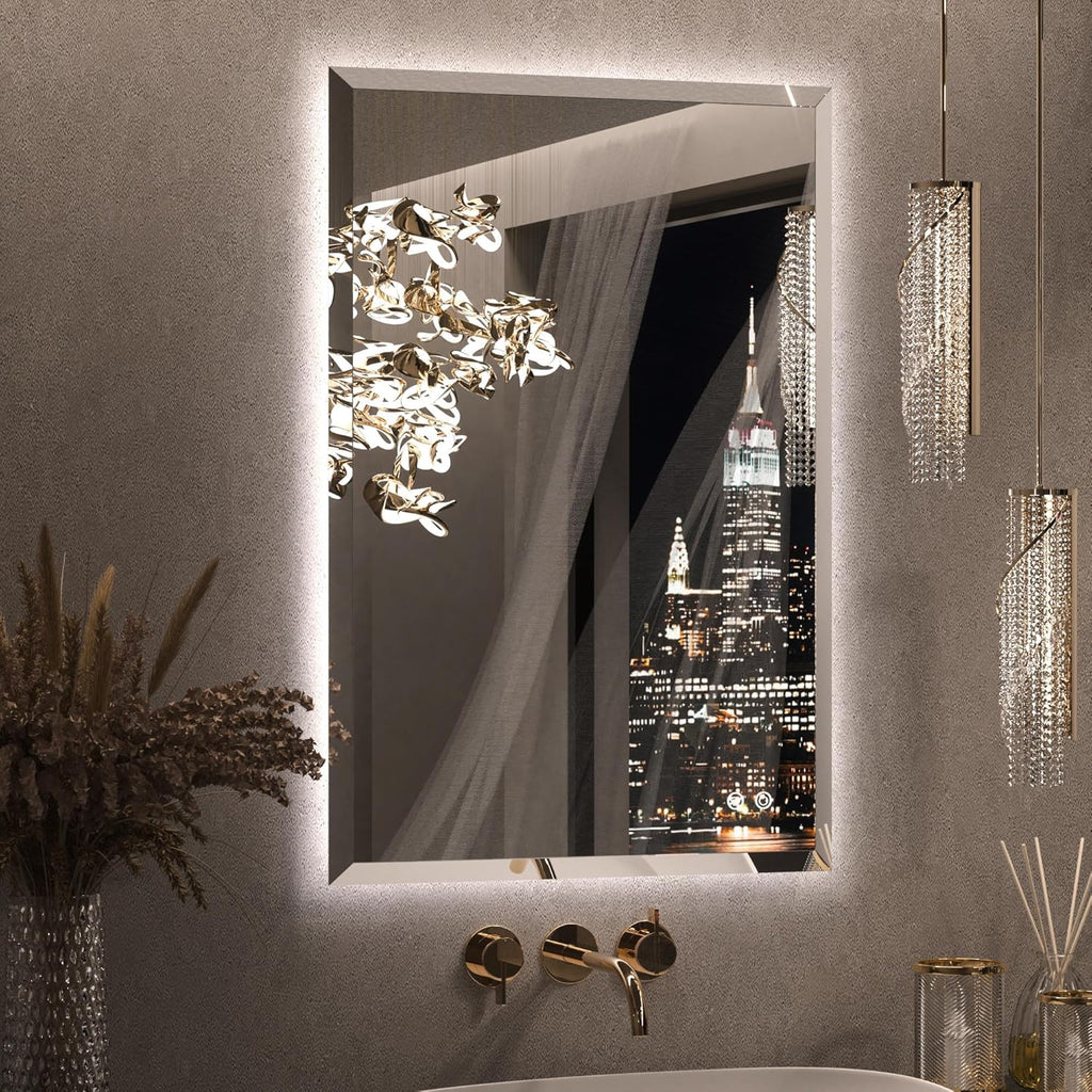 Keonjinn 24 x 36 in Backlit Mirror Bathroom, Beveled Frameless LED Mirror for Wall, Shatterproof Tempered Glass, UL-Listed, 3 Color Temperature, Defogger, Dimmable, Memory Function, Plug in/Hardwired