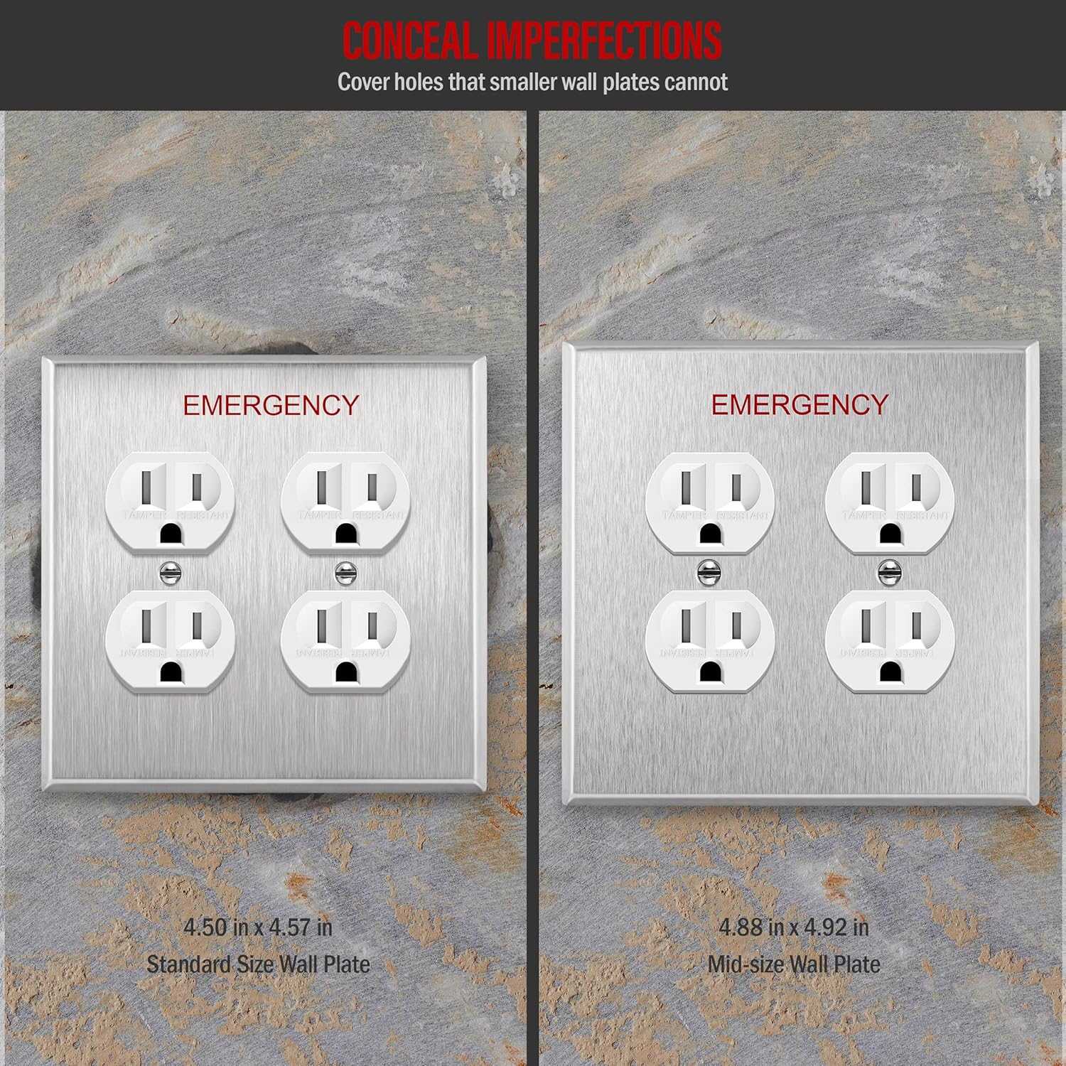 ENERLITES Double Duplex Receptacle Metal Wall Plate with Emergency Label, Stainless Steel Outlet Cover, Corrosion Resistant, 430 Stainless Steel, Mid-Size 2-Gang 4.88" x 4.92", UL Listed, 7722M-E