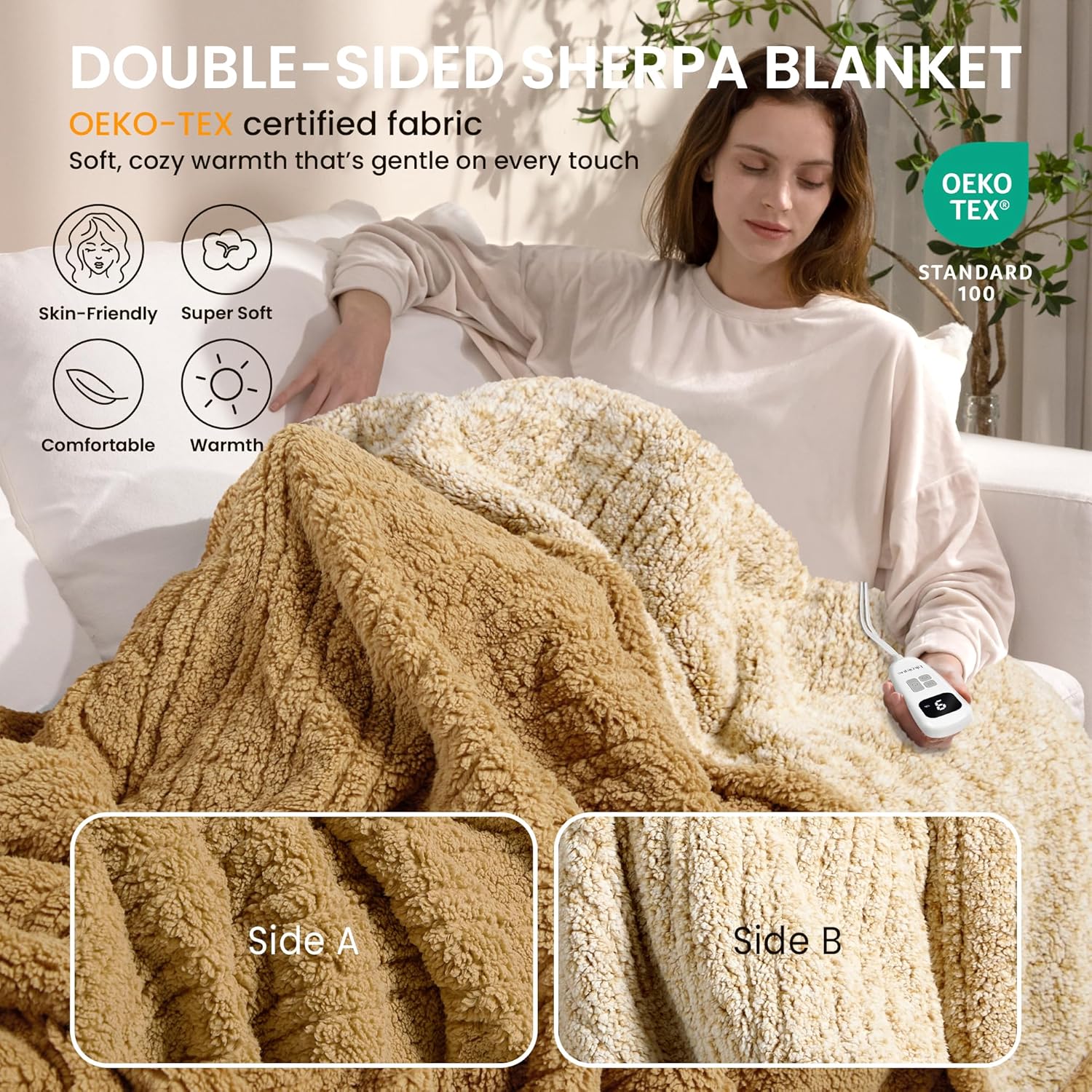 Heated Blanket Electric Blanket King - Fast Heating Blanket Throw Dual Controllers Double Sided Sherpa with 10 Heating Levels & 2-10 Hours Auto Off, Mashine Washable, 90 x 100 Inches, Camel