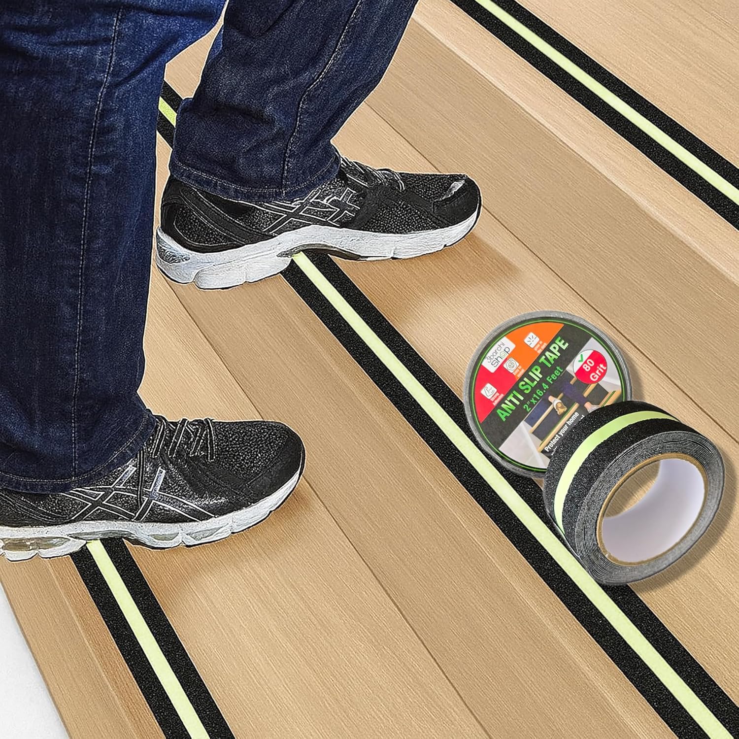 Glow in The Dark Anti Slip Tape for Stairs 2 Pack Safety Grip Strips 2in x 16.4ft Waterproof Non Skid Traction Tape for Indoor & Outdoor Steps Black with Bright Green Walk Caution Tape