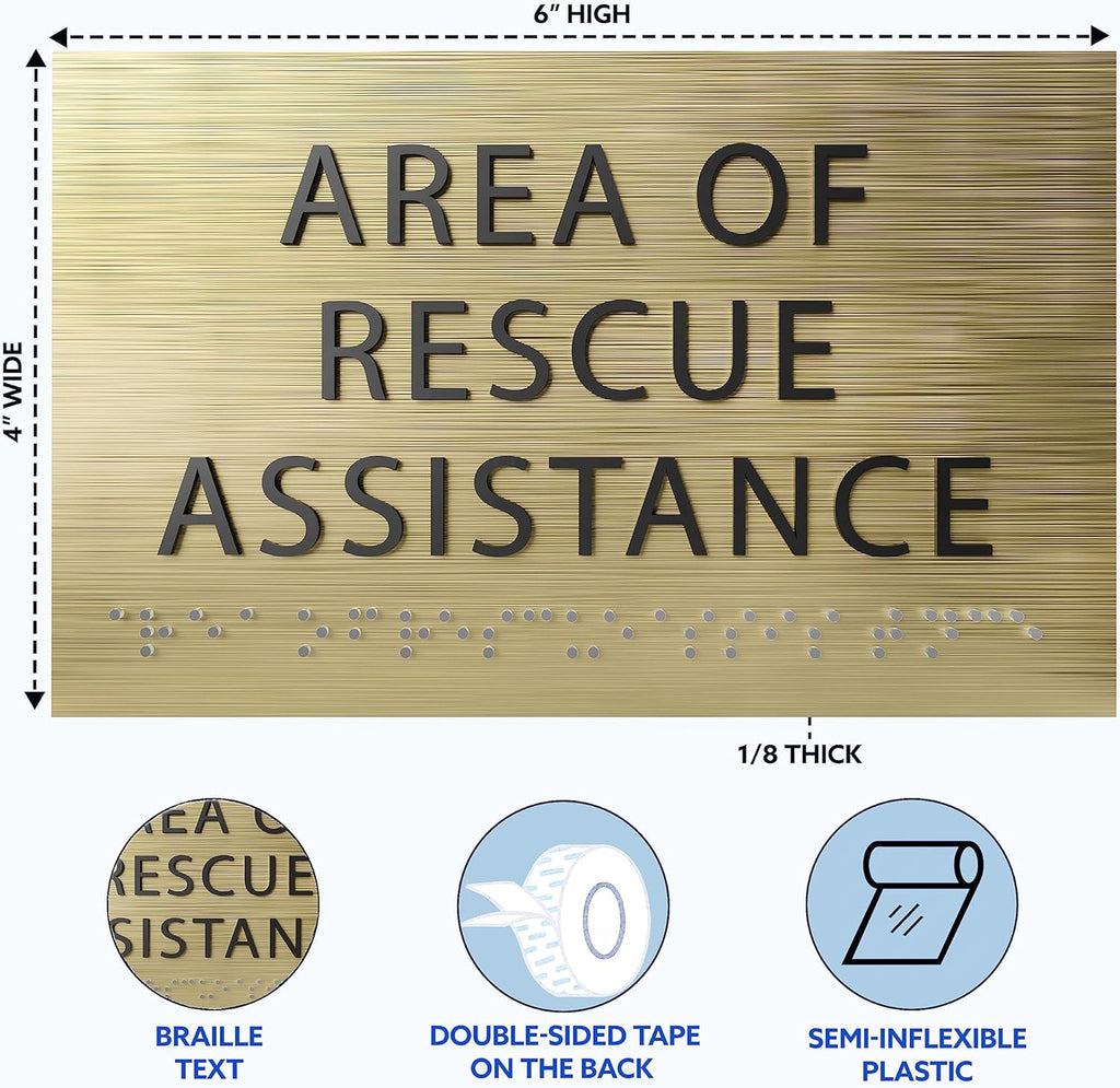 6" X4" Area of Rescue Assistance Sign- Tactile Graphics Grade 2 Braille Text ADA Compliant Sign |ADA Compliant Plastic Signs for Schools, Offices, Businesses, Apartments & Restaurants