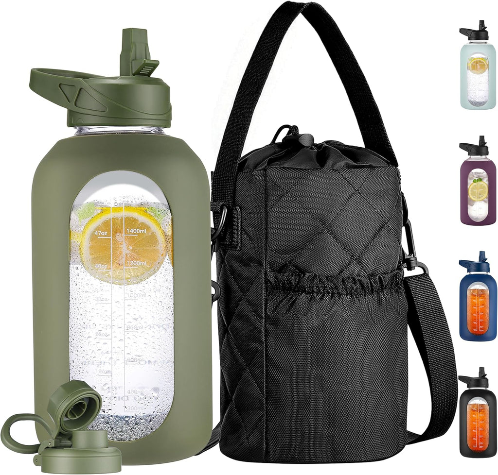 CIVAGO Half Gallon Glass Water Bottle with Straw and Insulated Bottle Holder Sling, 64 oz Motivational Large Water Jug with Time Marker and Silicone Sleeve, Water Flask with 2 Lids, Army