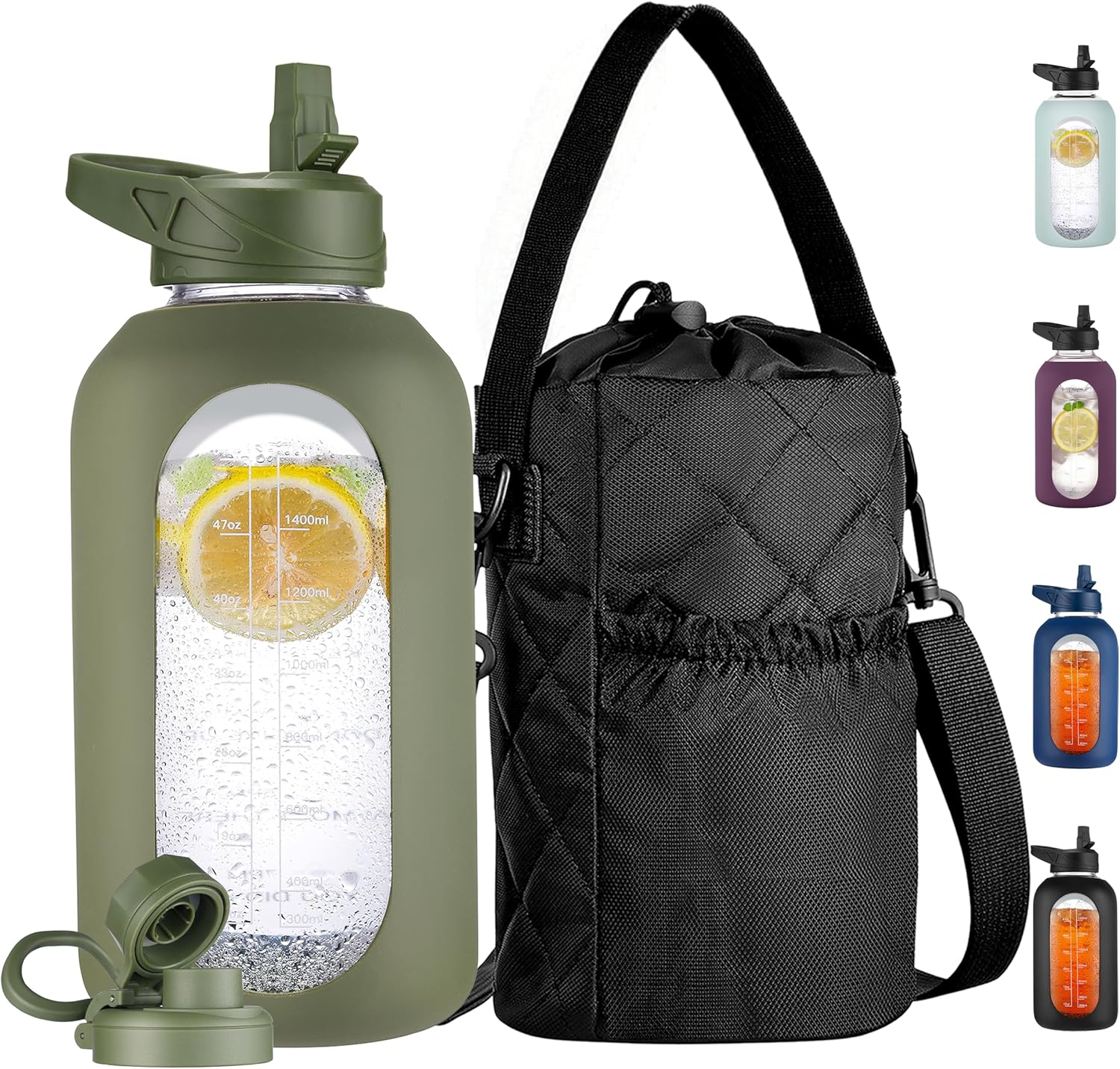 CIVAGO Half Gallon Glass Water Bottle with Straw and Insulated Bottle Holder Sling, 64 oz Motivational Large Water Jug with Time Marker and Silicone Sleeve, Water Flask with 2 Lids, Army
