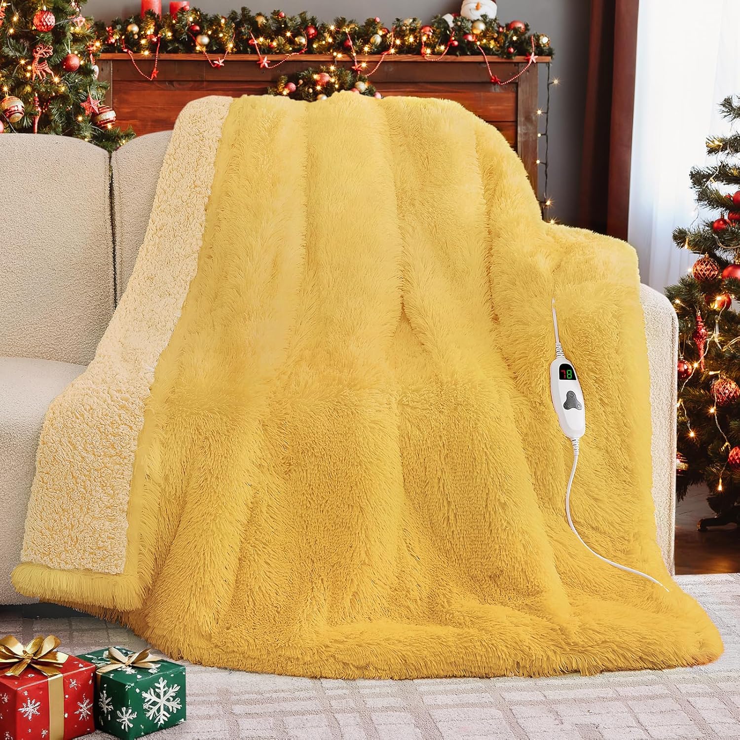 Heated Electric Blanket Twin–Faux Fur with Soft Thick Sherpa,Warm Winter Birthday Gifts for Women Grandma，10 Heat Settings,5 Time Settings with Fast Heating, 62x84, Beige
