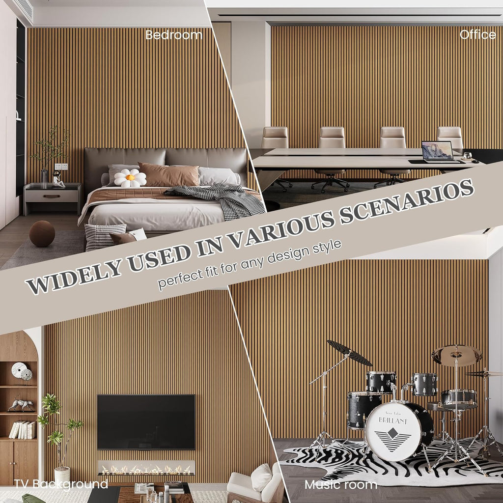 Wood Salt Acoustic Wall Panels, 6 Piece 94" x 7.9" x 0.8" Soundproof Wooden Wall Panels, 3D Fluted Sound Absorbing Panel, Teak