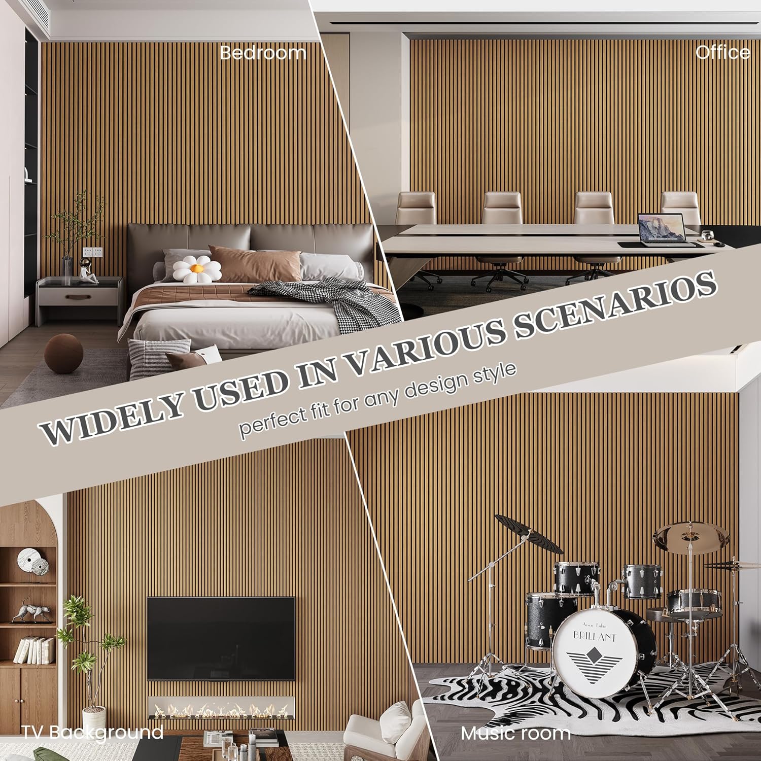 Wood Salt Acoustic Wall Panels, 4 Piece 94" x 12.6" x 0.8" Soundproof Wooden Wall Panels, 3D Fluted Sound Absorbing Panel, Teak
