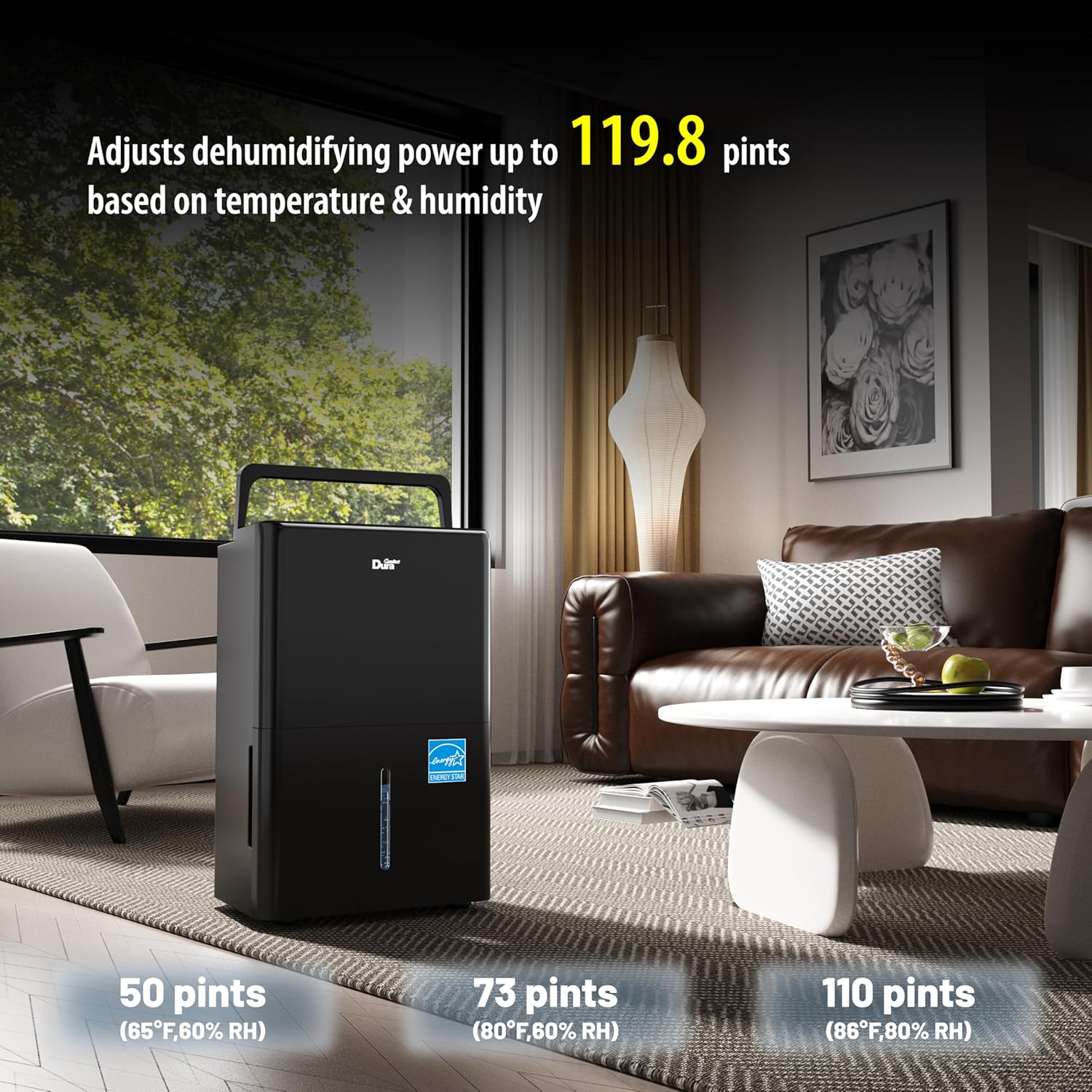 DuraComfort 50 Pint Dehumidifier, Built-in Pump, 4500 Sq Ft Coverage, Energy Star, Black
