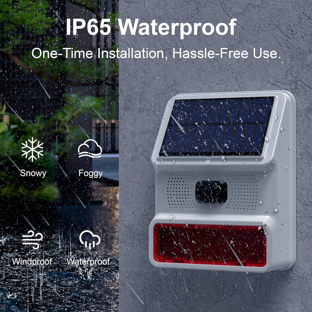 Solar Outdoor Wireless Motion Sensor Alarm,High-Decibel Siren with Sound and Strobe Light Motion Sensor–Protects Homes,Farms,Garages,Ranches & More,Deters Potential Threats,NO Remote or WiFi