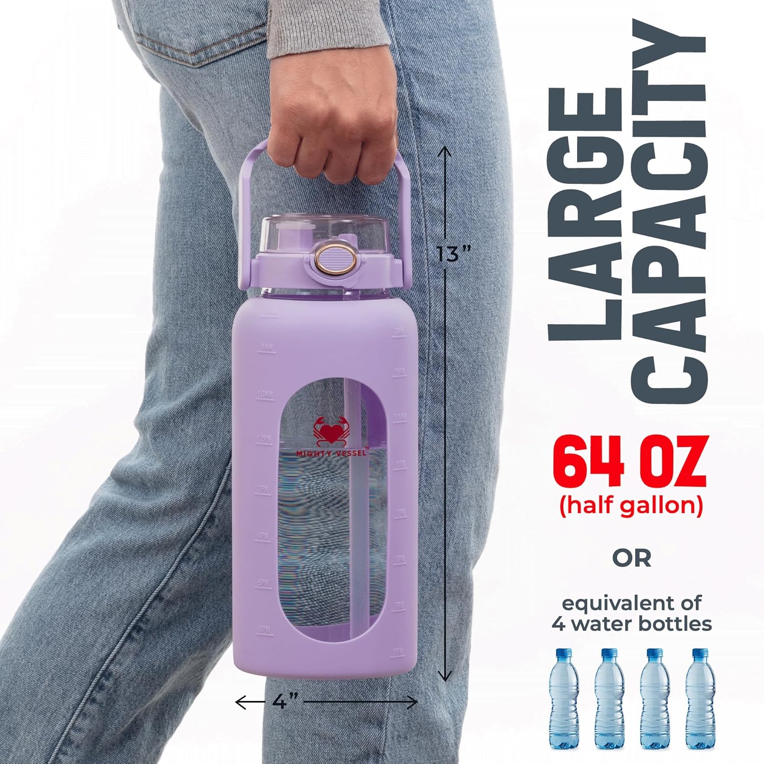 64 oz Glass Water Bottle – Lavender | Leakproof Half Gallon Glass Jug with Straw, Silicone Sleeve & Time Marker – Travel, Gym, Pregnancy, Daily Water Goals