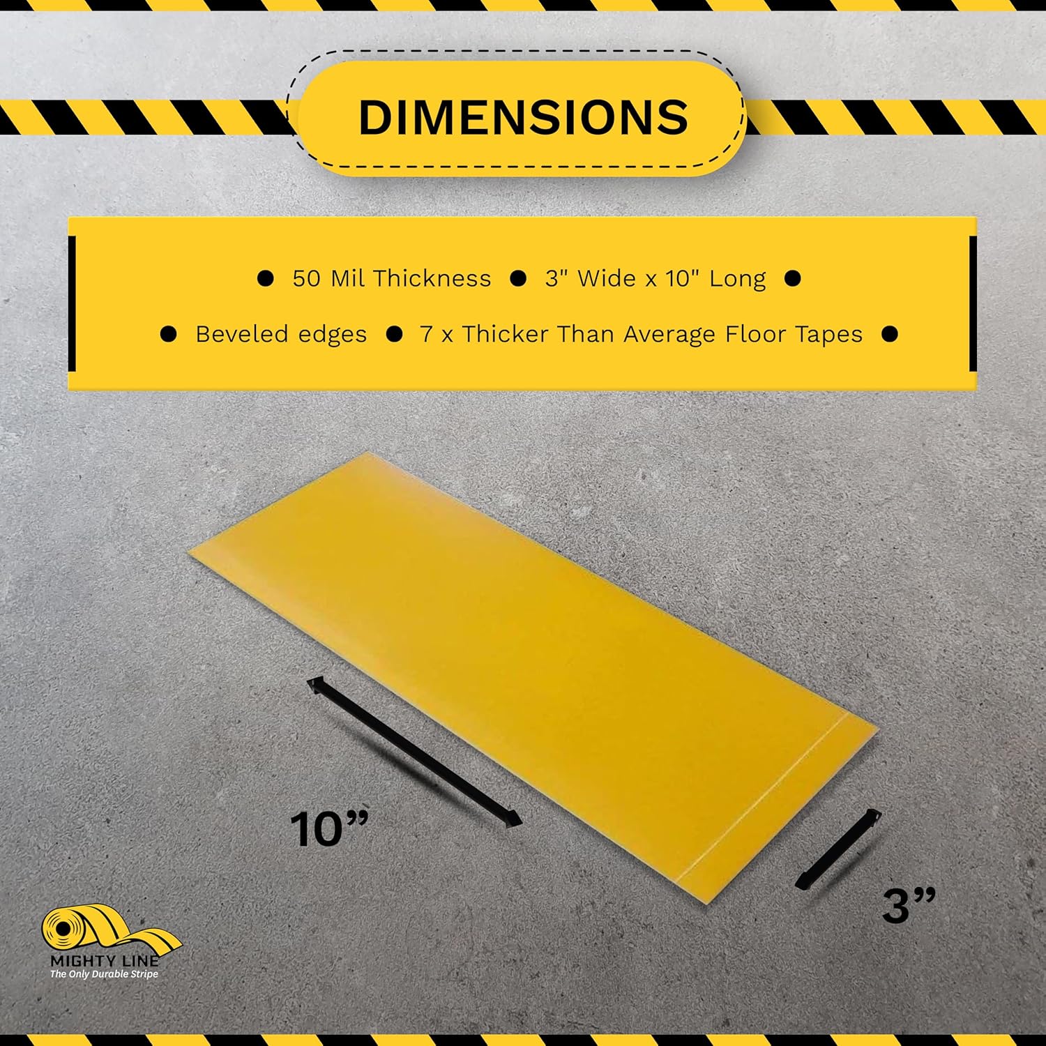 Mighty Line Floor Marking Tape Strips for Safety, Caution, Warning, Heavy-Duty, Peel and Stick, Adhesive, Industrial Quality, Yellow, 3" by 10"