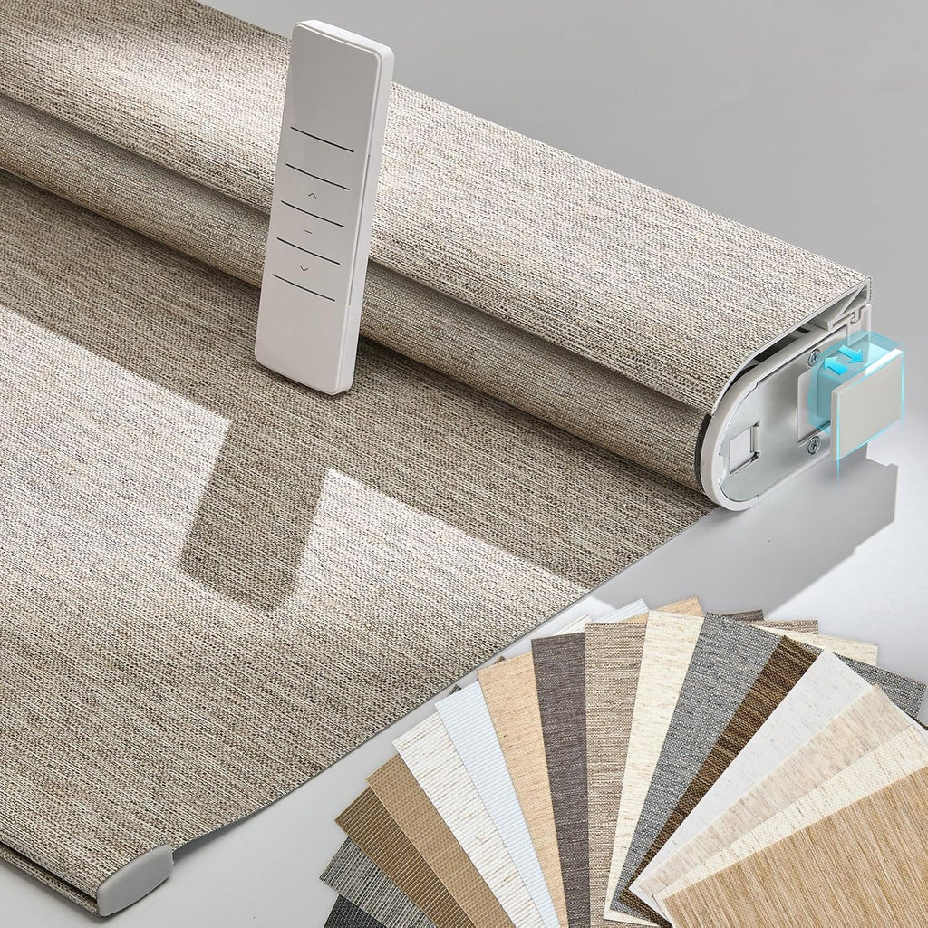 Persilux Smart Motorized Blinds with Remote, No Drill Automatic Roller Shades for Indoor Windows, Light Filtering Linen Fabric, Electric Blinds for Windows, Linen Light Brown C156-3, Custom Size