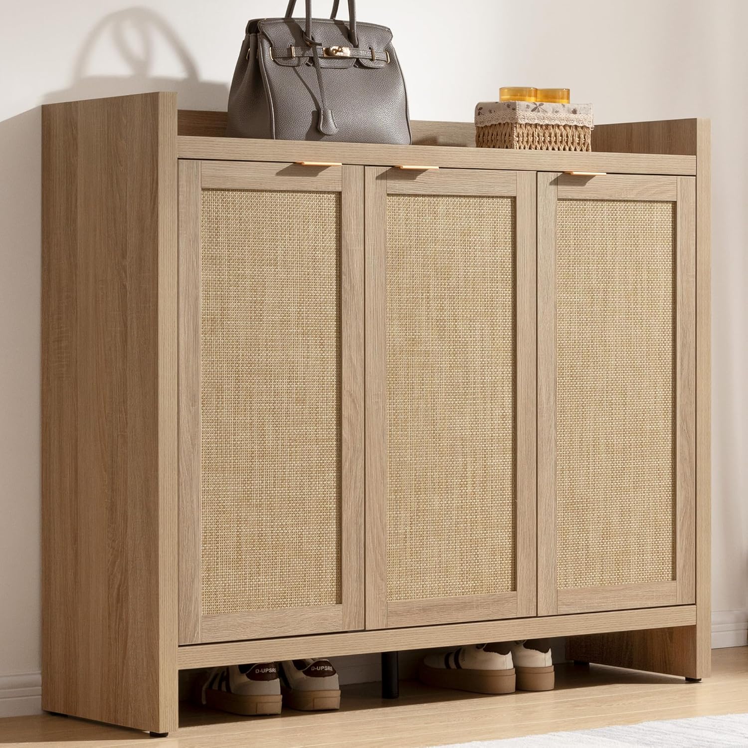 SICOTAS Shoe Storage Cabinet, 30 Pairs Rattan Shoe Cabinet Storage for Entryway, 6-Tier 41" Tall Large Shoe Cabinet, Boho Farmhouse Cabinet with Doors for Entryway Hallway Living Room, Light Oak