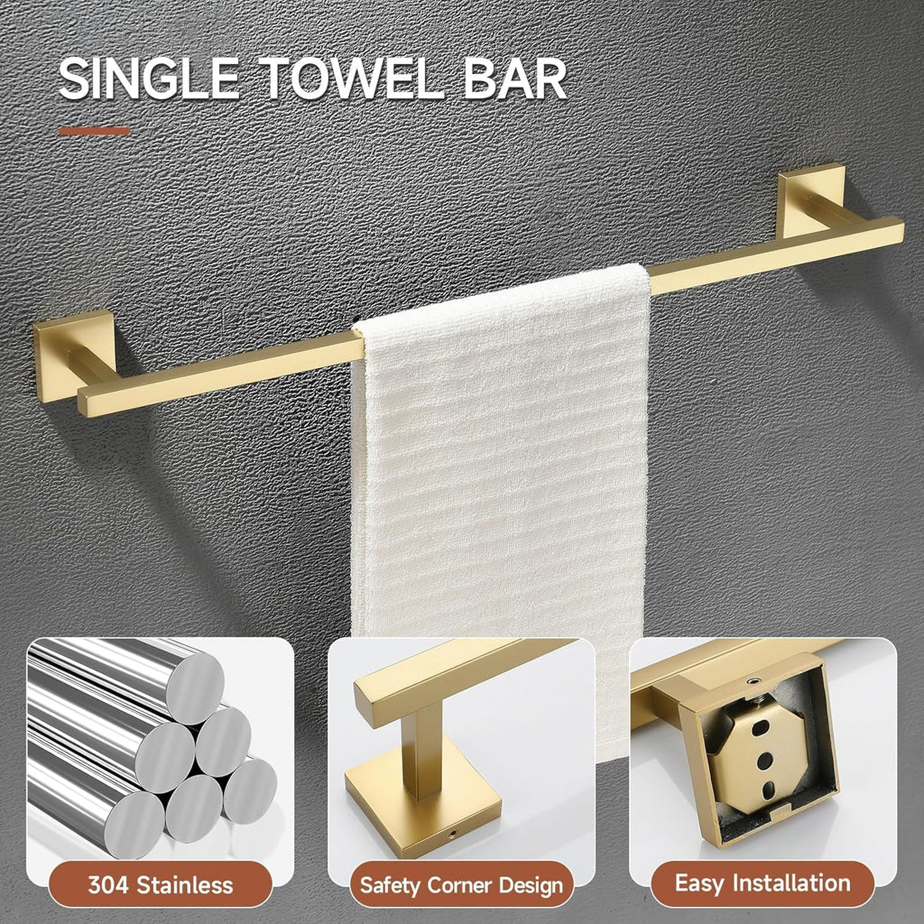 TQKAG 5-Piece Bathroom Accessories Set Brushed Gold Bathroom Hardware Set SUS304 Stainless Steel Classic Wall Mounted Towel Bar Sets 23.6" Towel Rack for Bathroom, Brushed Gold