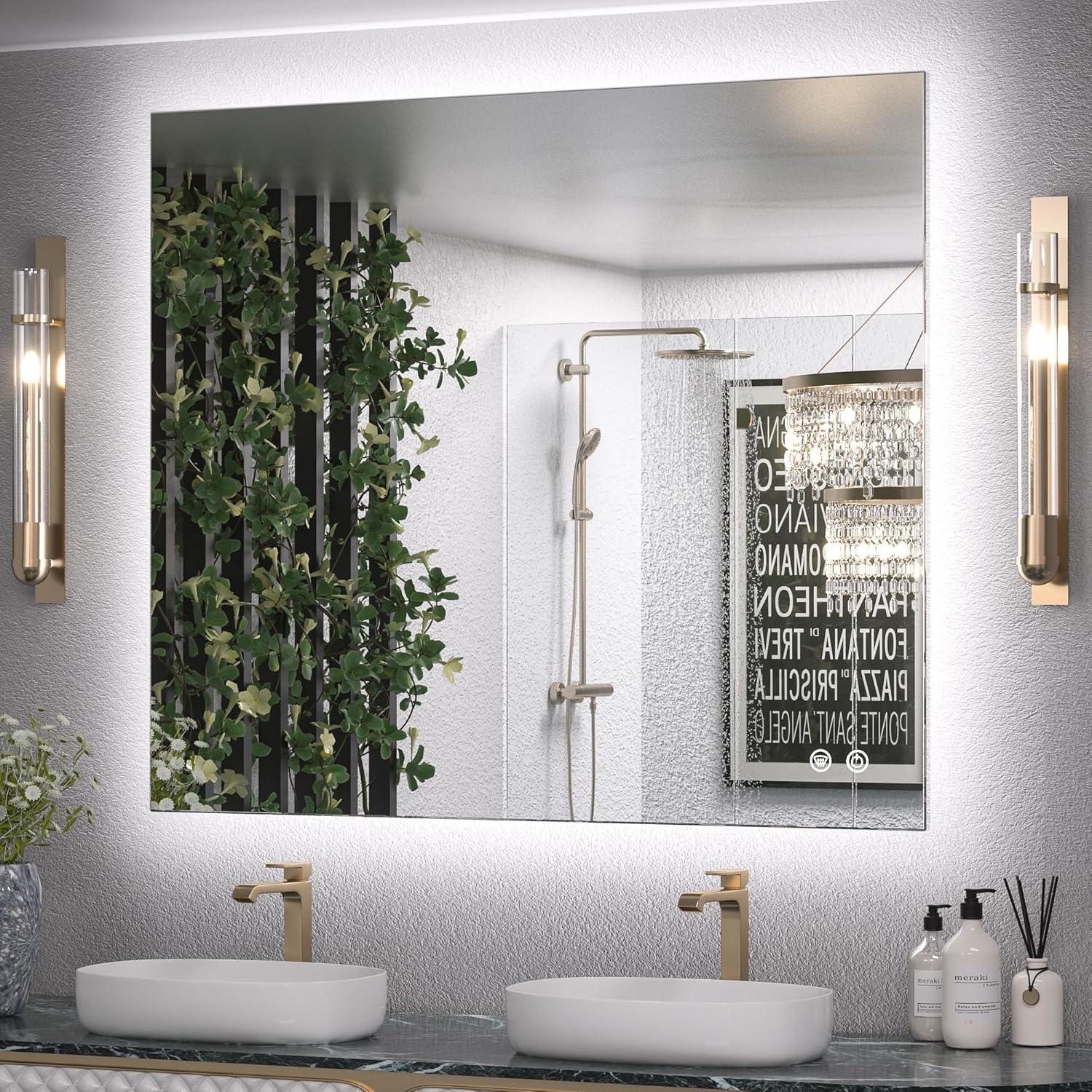 Keonjinn 42 x 36 Inch Backlit Bathroom Mirror, Anti-Fog LED Mirror with Lights, CRI90+ HD Tempered Glass, Stepless Dimmable, High Lumen, UL Listed LED Driver, Waterproof, Horizontal/Vertical