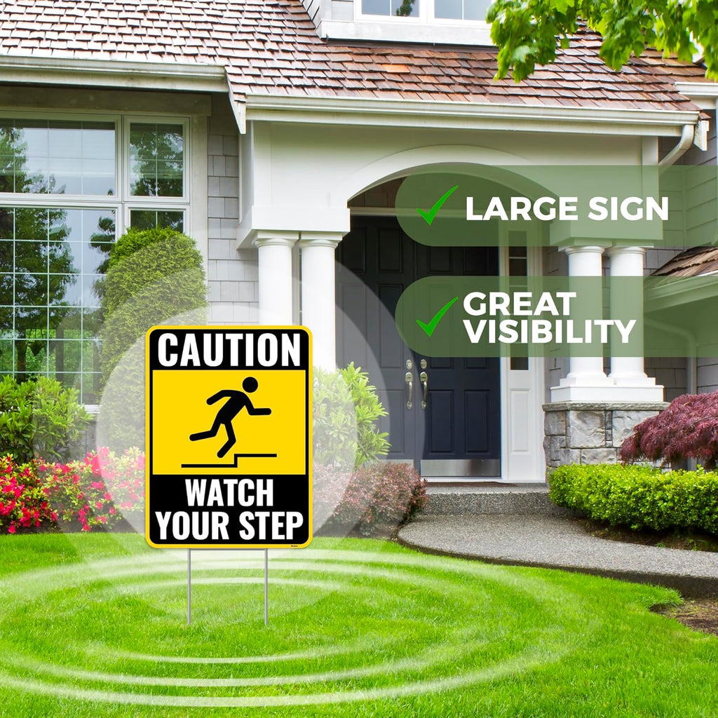2PC Watch Your Step Sign with Metal Stakes, 12 Inches by 9 Inches - Corrugated Plastic - Caution Please Watch Your Step Sign Outdoor