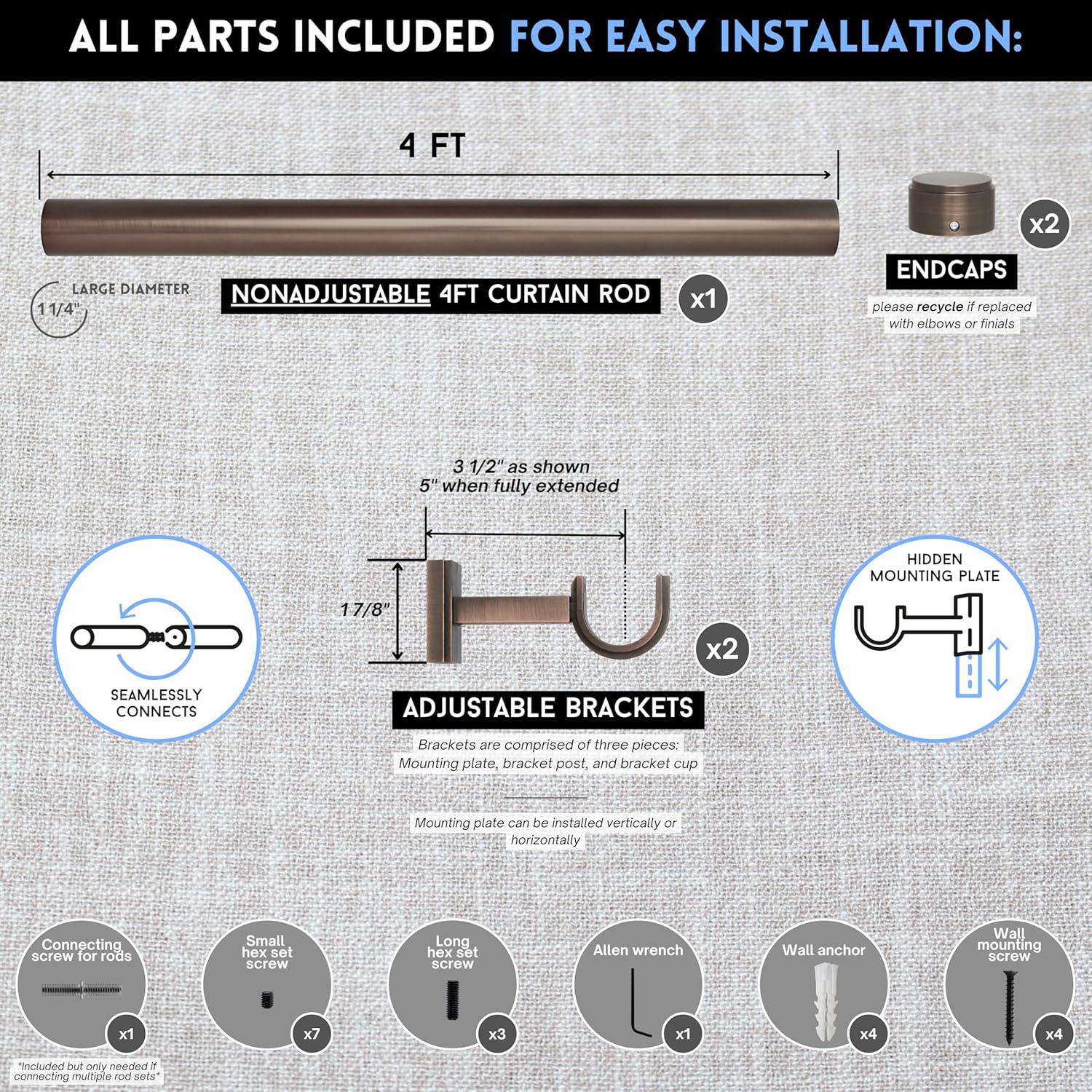 BlastHome® Non-Adjustable Luxury Curtain Rods for Windows, 1 ¼” Rod Set, 4 foot Fixed Length, Oil Rubbed Bronze