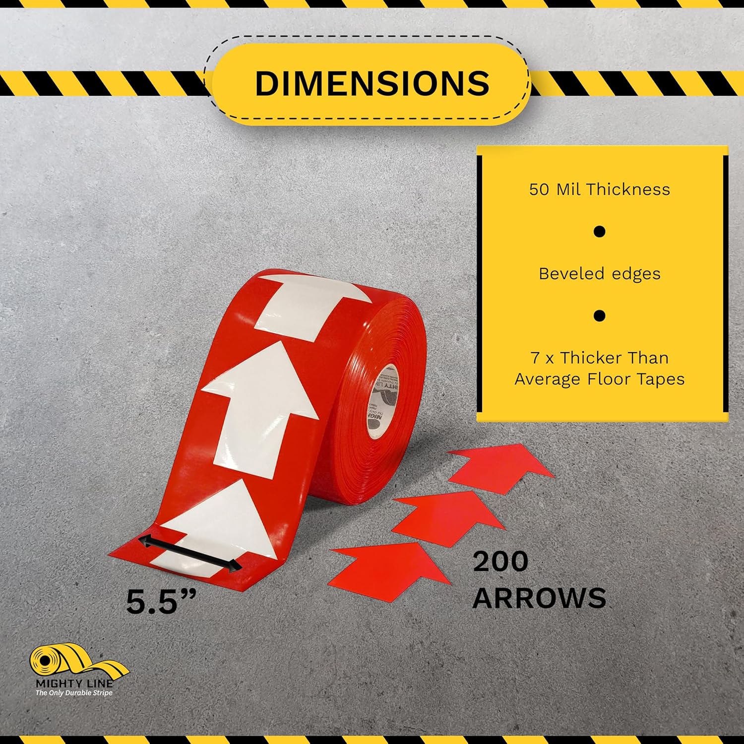 Mighty Line 5.5" Wide Solid Arrows Roll, Directional Sticker Sign Floor Marking Tape for Safety, Caution, Warning, Heavy-Duty, Peel and Stick, Adhesive, Industrial Quality, Red, Pack of 200
