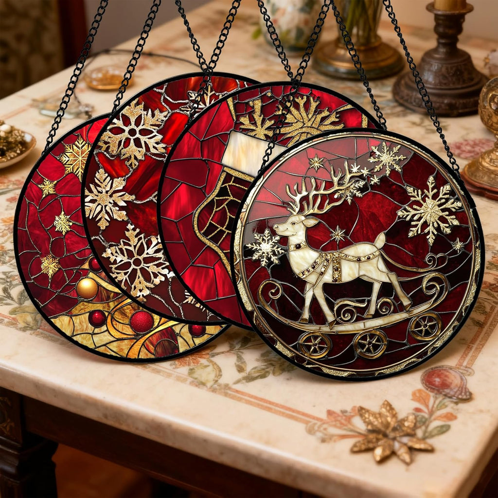 Stained Glass Window Hanging 4 Pcs Set Red Christmas Elk Snowflakes Large 11.8" - Deer Suncatcher Door Garden Sun Catcher Decor Birthday for Mom Woman Nana Men Friend
