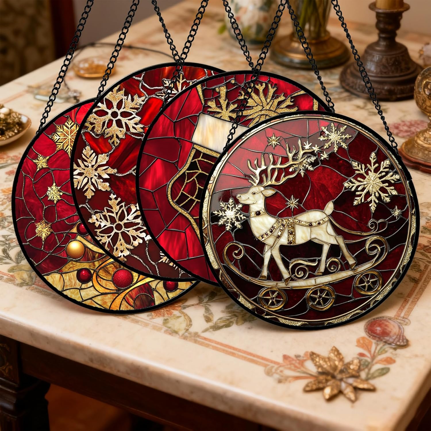 Stained Glass Window Hanging 4 Pcs Set Red Christmas Elk Snowflakes 9.8" - Deer Suncatcher Door Garden Sun Catcher Decor Birthday for Mom Woman Nana Men Friend