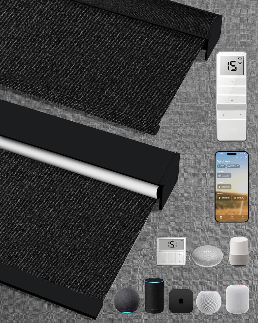 Kincmo Motorized Blinds with Remote,100% Blackout Motorized Roller Shades Work with Apple Homekit,Alexa,Google, Custom Electric Blinds with App,Voice Control (Atlantic Black)
