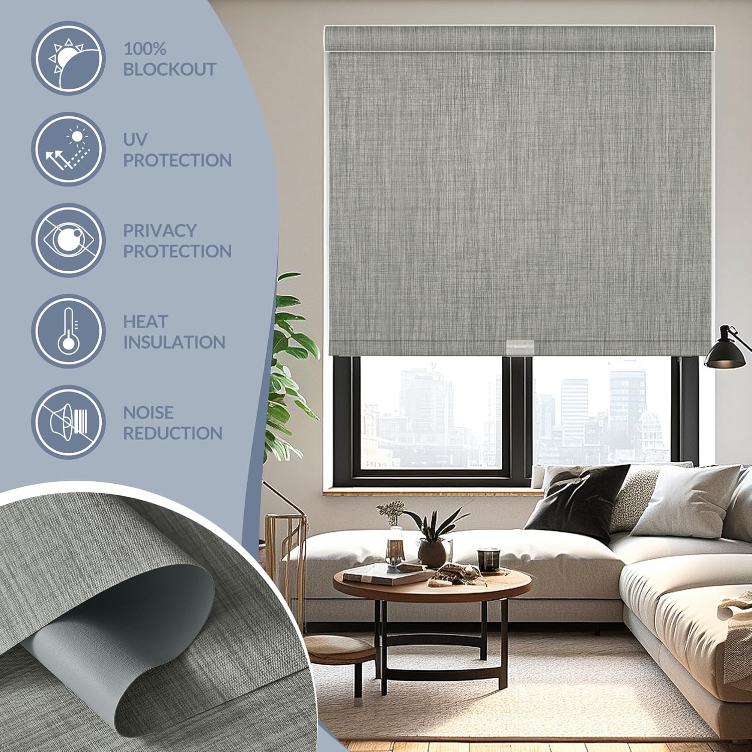 Boolegon Motorized Roller Blinds - 100% Blackout Smart Electric Shades with Remote, Compatible with Alexa/Google Home/HomeKit via Hub, Easy Install for Home Office, Light Grey, Custom Size.