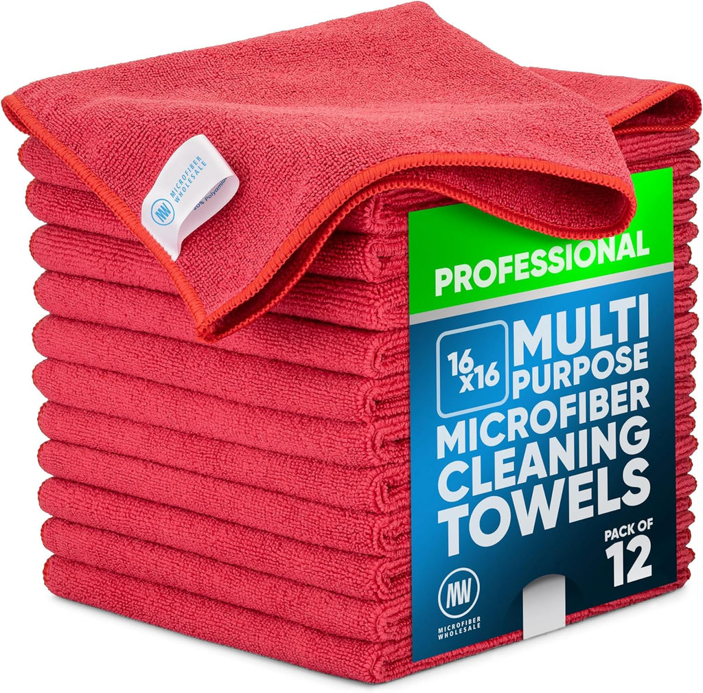 MW Pro Microfiber Cleaning Cloth | Red (12 Pack) | Size 16" x 16" | All Purpose Microfiber Towels - Clean, Dust, Polish, Scrub, Absorbent