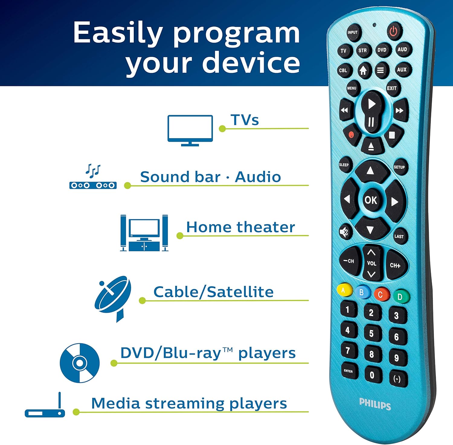 Philips Universal Remote Control, Universal TV Remote Replacement, Samsung TV Remote Control Universal, for Roku Remote Replacement, Vizio, LG, Sony, Apple TV, Smart TVs, 6 Device, Blue, SRP6249B/27