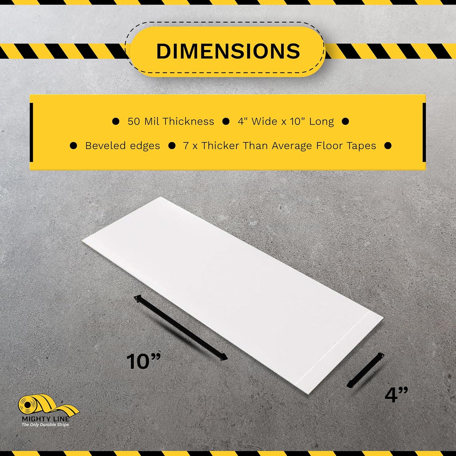 Mighty Line Floor Marking Tape Strips for Safety, Caution, Warning, Heavy-Duty, Peel and Stick, Adhesive, Industrial Quality, White, 4" by 10"