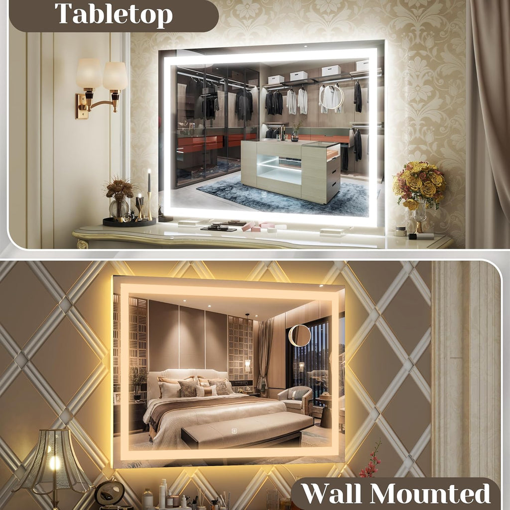 FENNIO Large Vanity Mirror with Lights，40" x 28"Makeup Mirror with Lights，Hollywood Mirror with 3 Color Modes & Adjustable Brightness，Vanity Mirror Square White