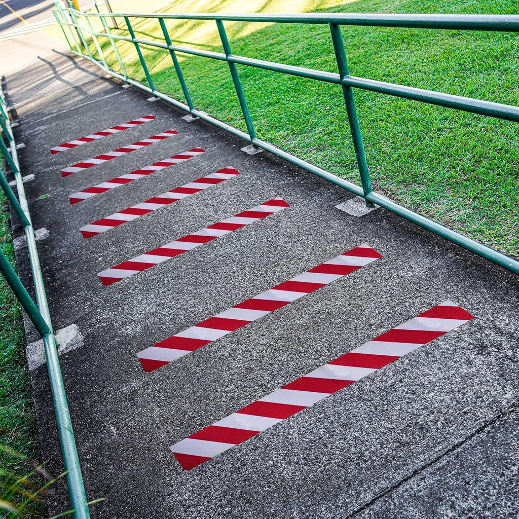 Anti Slip Tape, 4 Inch x 42 Ft Grip Tape for Stairs Outdoor/Indoor, Waterproof Non Skid Roll for Stair Treads Non Slip, High Traction Friction Abrasive Adhesive Stair Steps, Caution Red/White