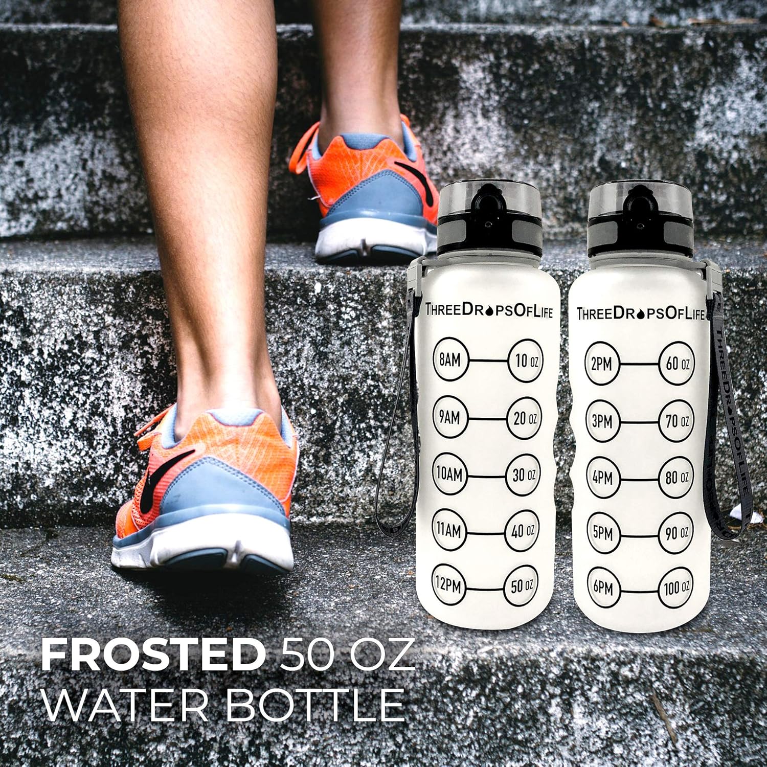Three Drops of Life New 50oz Large Hydration Tracker Sport Water Bottles, Frosted Clear Tritan Plastic Bottle for Hydration Timer Tracking, Smart Remind Time Marker - Reusable, Leak Proof, BPA Free