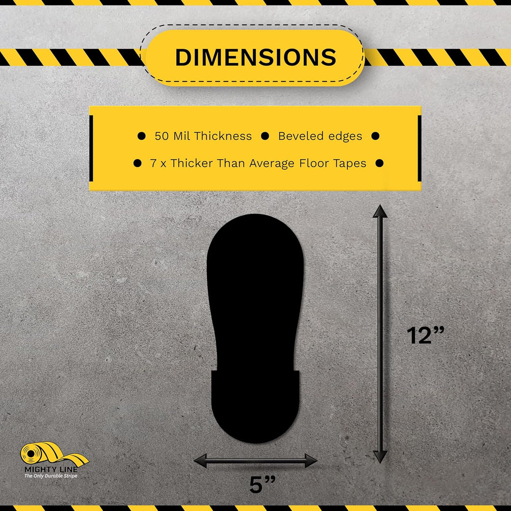 Mighty Line Big Footprints Floor Marking Tape for Safety, Caution, Warning, Heavy-Duty, Peel and Stick, Adhesive, Industrial Quality, 12" Long x 5" Wide, Black, Pack of 50