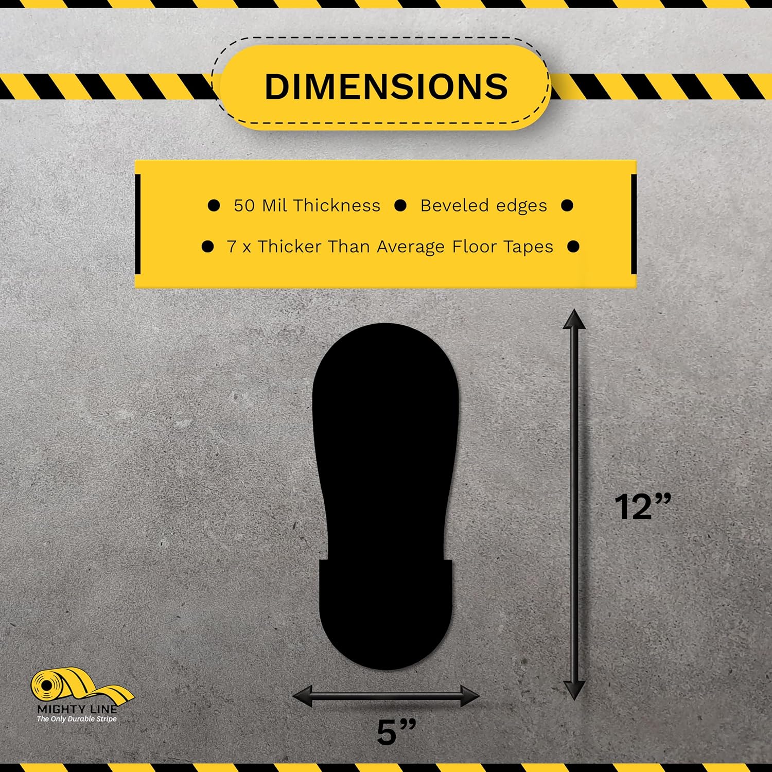 Mighty Line Big Footprints Floor Marking Tape for Safety, Caution, Warning, Heavy-Duty, Peel and Stick, Adhesive, Industrial Quality, 12" Long x 5" Wide, Black, Pack of 50