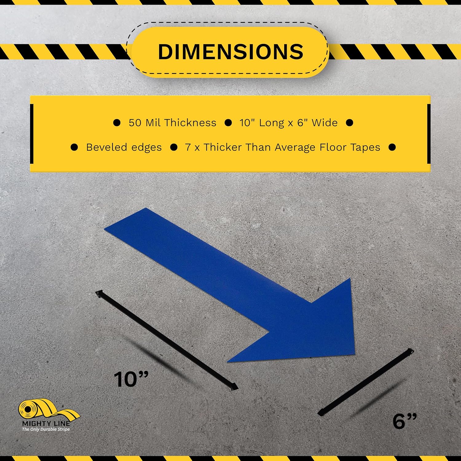 Mighty Line Solid Arrows Directional Sticker Sign Floor Marking Tape for Safety, Caution, Warning, Heavy-Duty, Peel and Stick, Adhesive, Industrial Quality, Blue, 10" by 6", Pack of 50