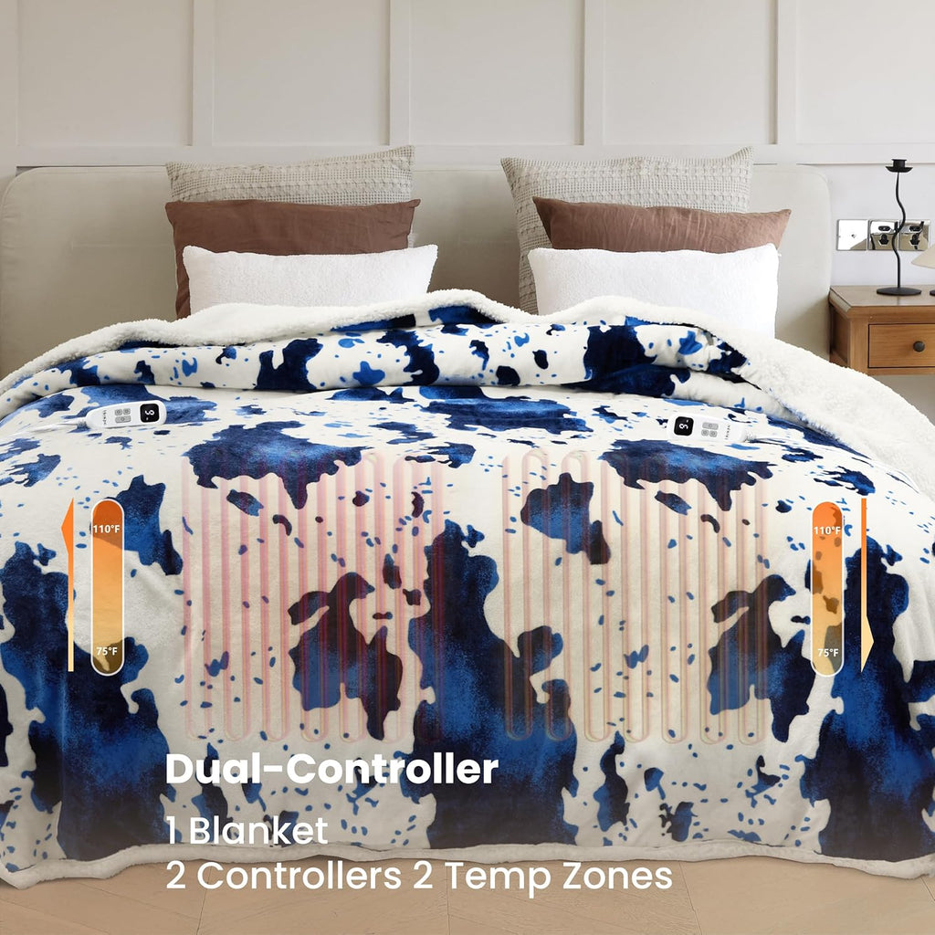 Cow Print Electric Heated Blanket Queen-Dual Control Heating Blanket Queen Size with 10 Heat Levels & 10 Hours Auto-Off, Cozy Soft Fleece Sherpa, Washable, 84x90 Inche Cow Print Blue