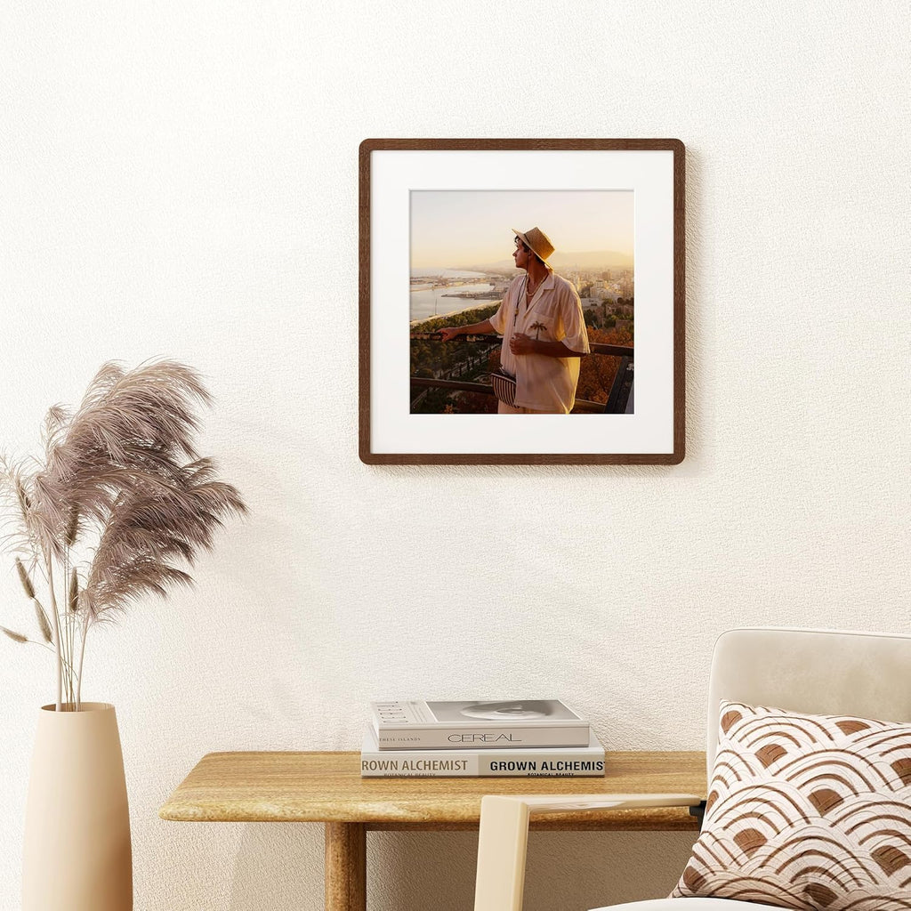 16x16 Picture Frame, Square 16 by 16 Frames for Wall - Solid Oak Wood & Tempered Glass, 16 x 16 Wood Frame Matted to 12 x 12, Square Picture Frame 16"x16" for Home Decor, Walnut Color, 1 Pack