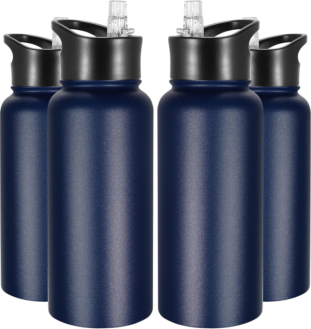 VEGOND 32 oz Insulated Water Bottle Bulk Stainless Steel Metal Water Bottles with Leak Proof Straw Lid & Spout Lid, Wide Mouth Double Walled Vacuum Travel Sports Bottle, 4 Pack