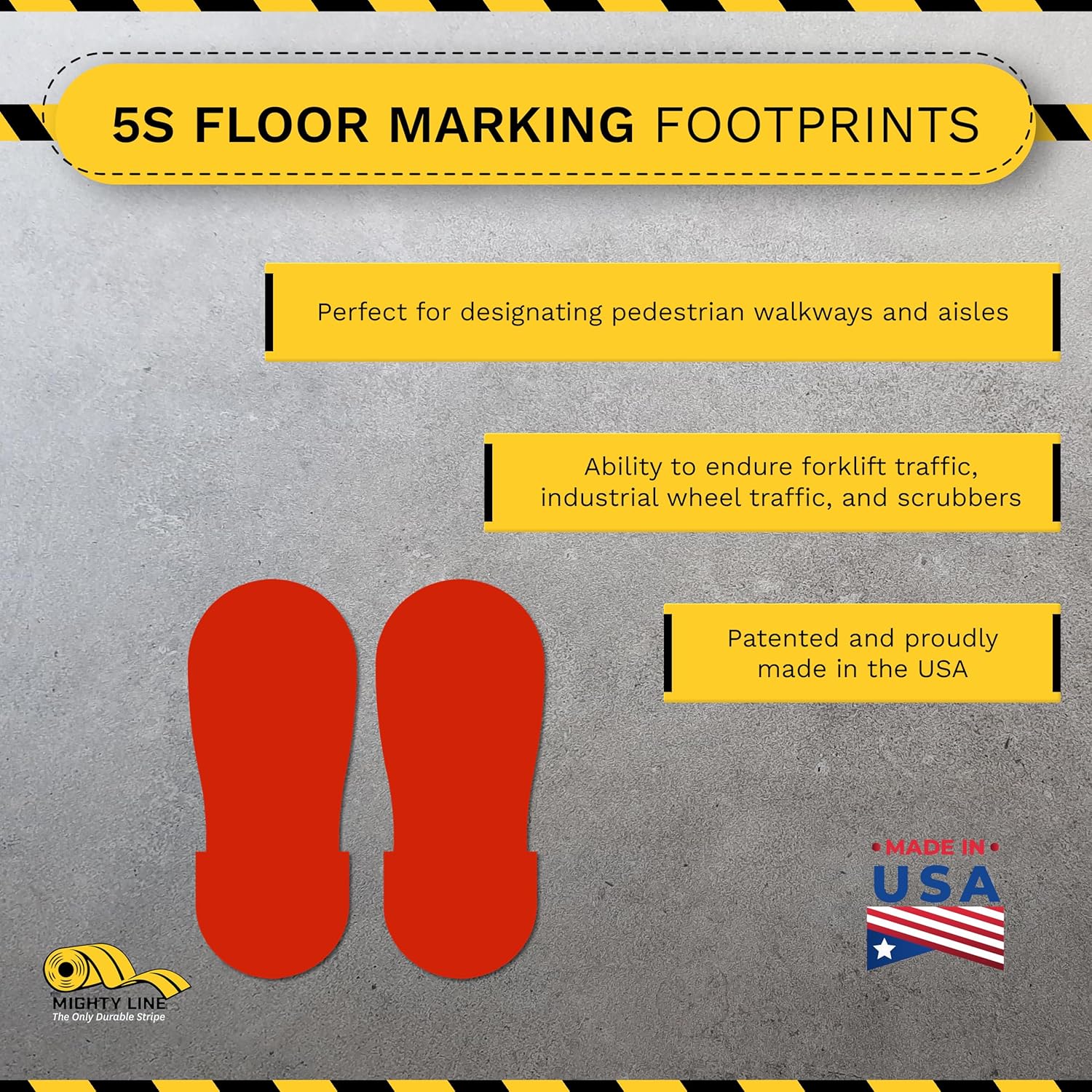 Mighty Line Big Footprints Floor Marking Tape for Safety, Caution, Warning, Heavy-Duty, Peel and Stick, Adhesive, Industrial Quality, 12" Long x 5" Wide, Red, Pack of 50
