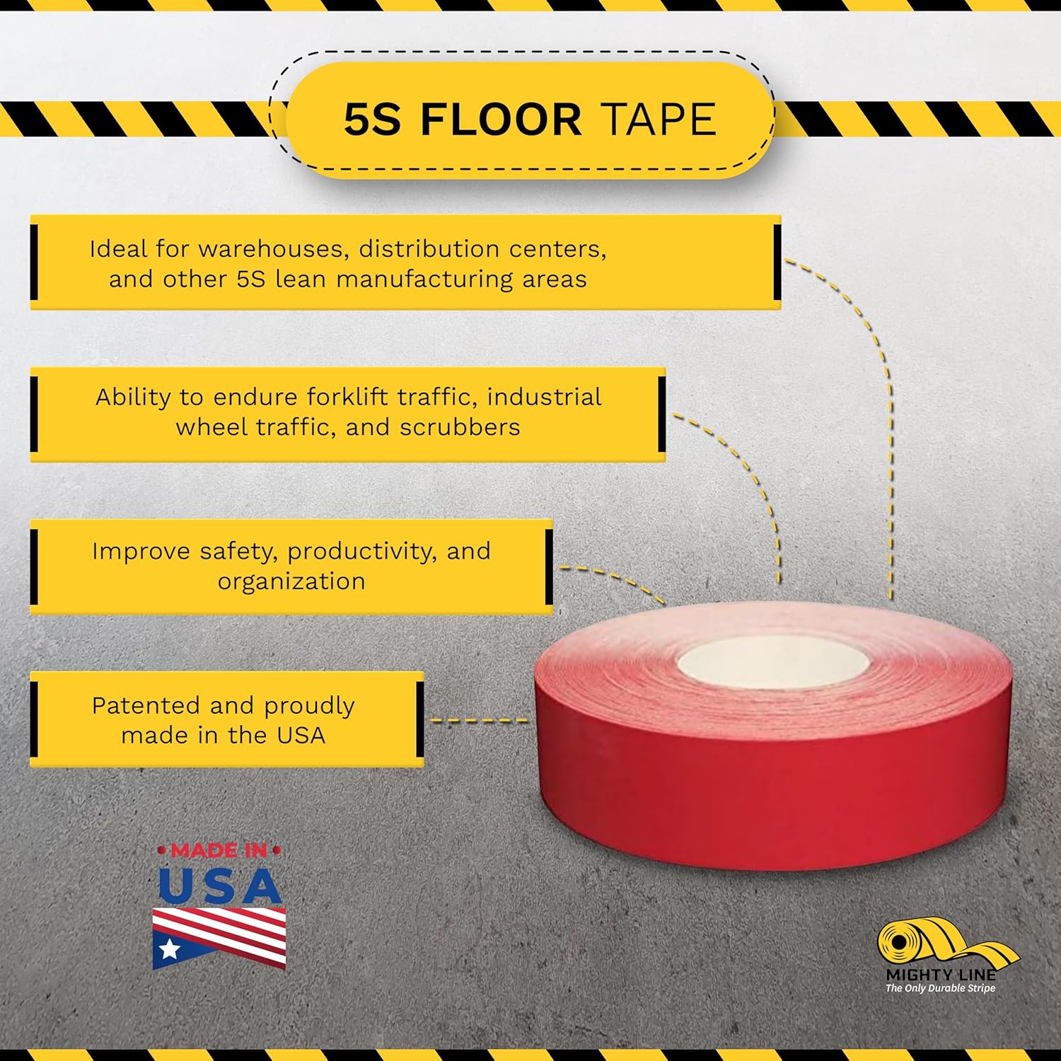 Mighty Line UltraLine Solid Floor Marking Tape for Safety, Caution, Warning, Heavy-Duty, Peel and Stick Adhesive, Beveled Edge Design, Industrial Quality, 2 Inch, 100' Roll, Red
