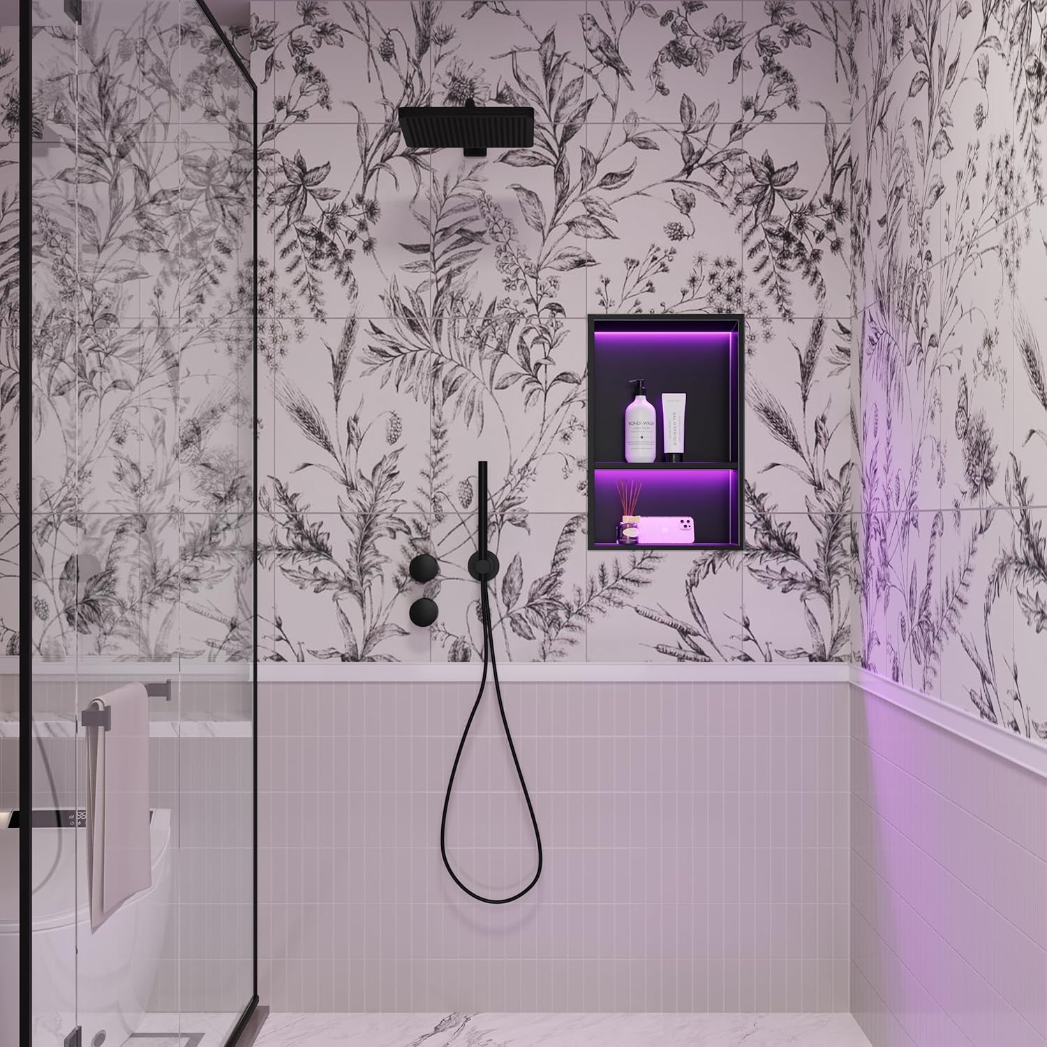 Stainless Steel Shower Niche 12" X 18", No Tile Needed Wall Niche with RGB Led Light, Recessed Shower Shelf for Bathroom Storage Over Mount Installation, Matte Black