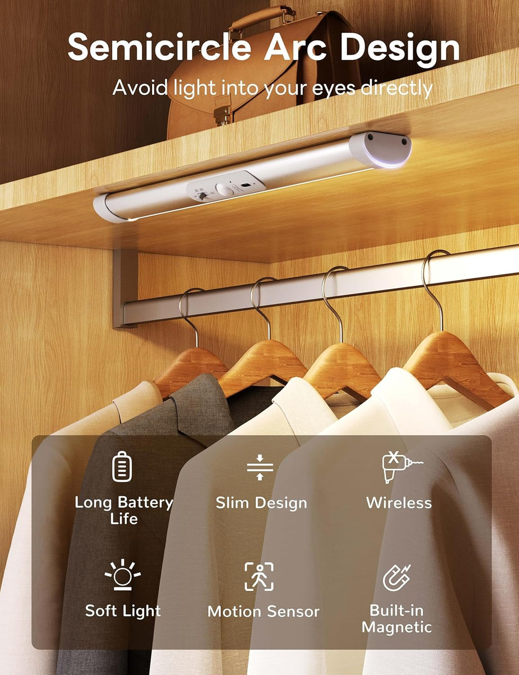 Joyzy Automatic Closet Lighting Motion Sensor RechargeableBattery Operated Closet Light with Eye-Protection DesignUnder Cabinet Light LED for Wireless Pantry Light wardrobeLights(30cm-2pack)