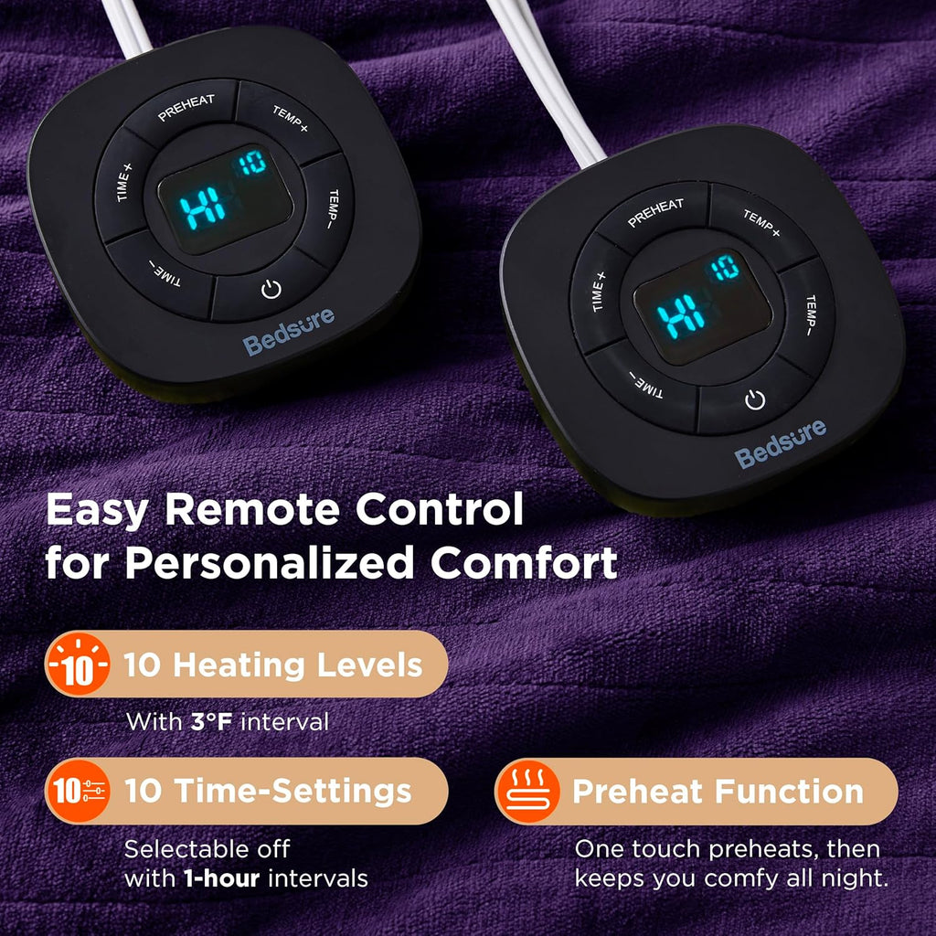 Bedsure Electric Blanket Queen Size - Dual Control Heated Blanket Queen, Fast Heating with 10 Time Settings & 10 Heat Settings, Warm Gift for Grandma (84x90 inches, Purple)