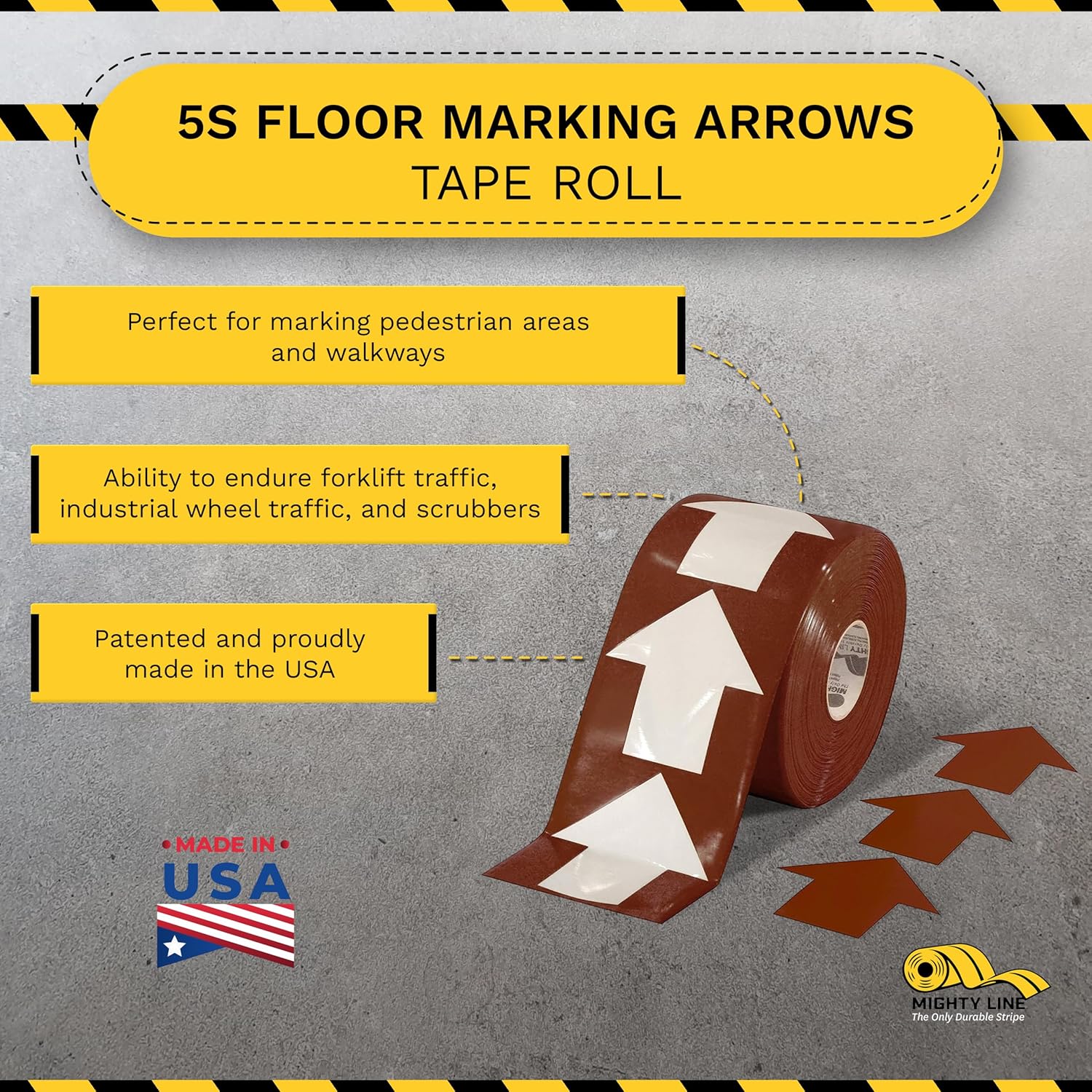 Mighty Line 5.5" Wide Solid Arrows Roll, Directional Sticker Sign Floor Marking Tape for Safety, Caution, Warning, Heavy-Duty, Peel and Stick, Adhesive, Industrial Quality, Brown, Pack of 200