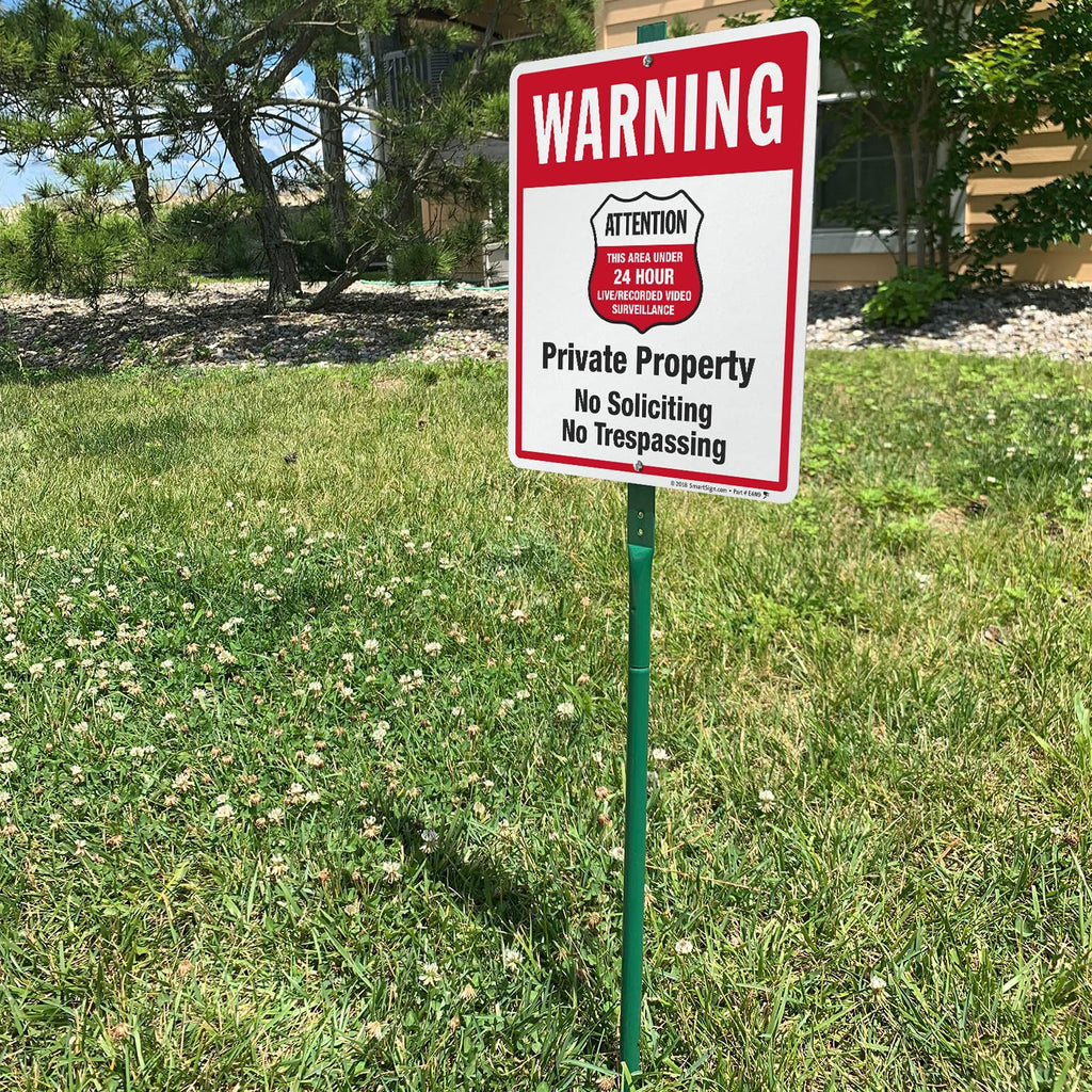 SmartSign 12" x 10" 'Warning - Private Property, No Soliciting/Trespassing, Area Under Surveillance' Yard Sign with 3 ft Stake, 40 mil Laminated Rustproof Aluminum, Red/Black/White, USA-Made